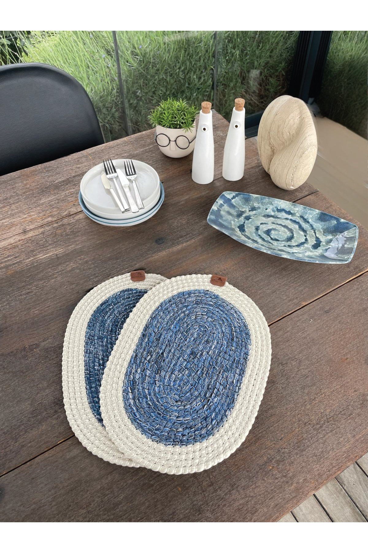 2'li Oval Model Amerikan Servis – Supla Leke Tutmaz, Beyaz-Mavi 40x28 Cm