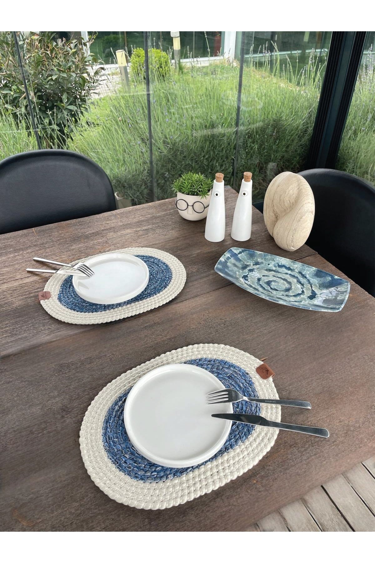 2'li Oval Model Amerikan Servis – Supla Leke Tutmaz, Beyaz-Mavi 40x28 Cm