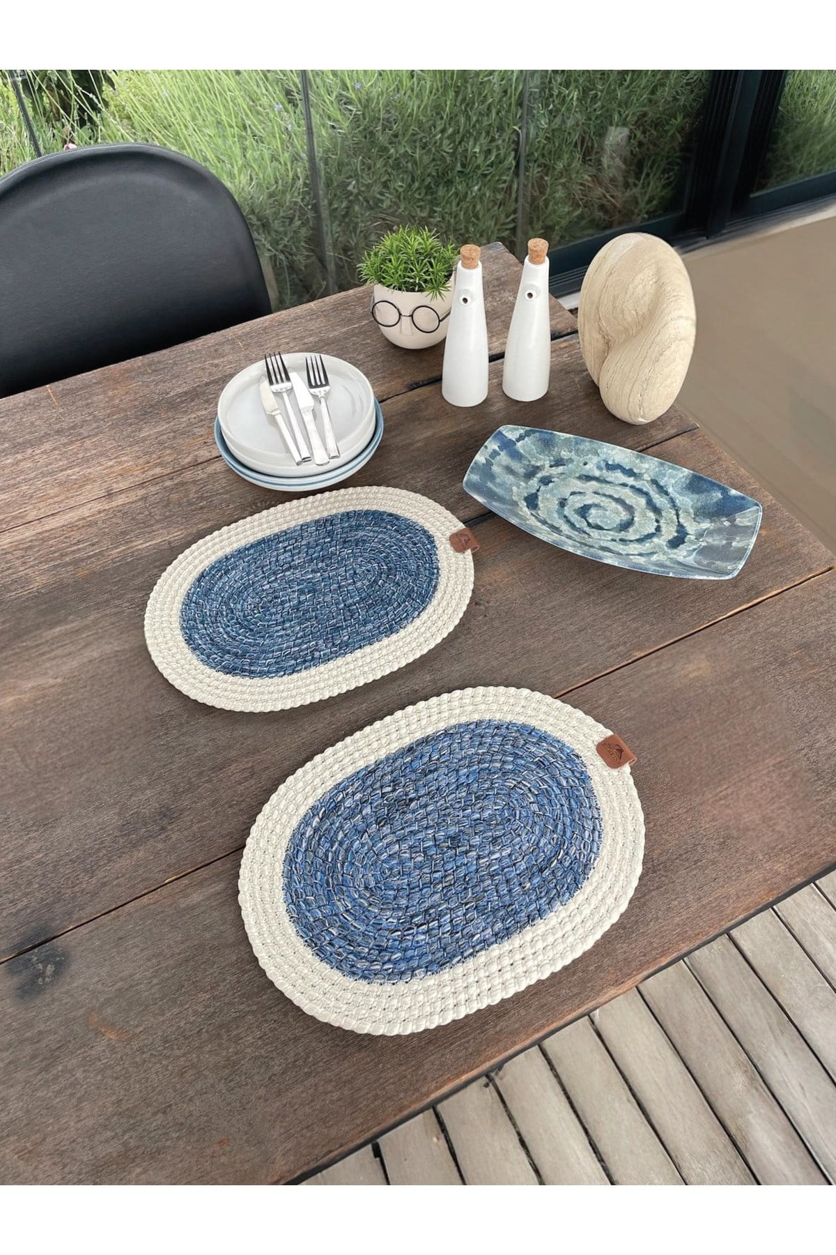 2'li Oval Model Amerikan Servis – Supla Leke Tutmaz, Beyaz-Mavi 40x28 Cm