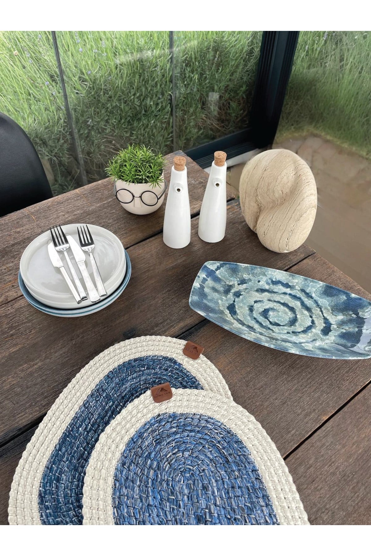 2'li Oval Model Amerikan Servis – Supla Leke Tutmaz, Beyaz-Mavi 40x28 Cm