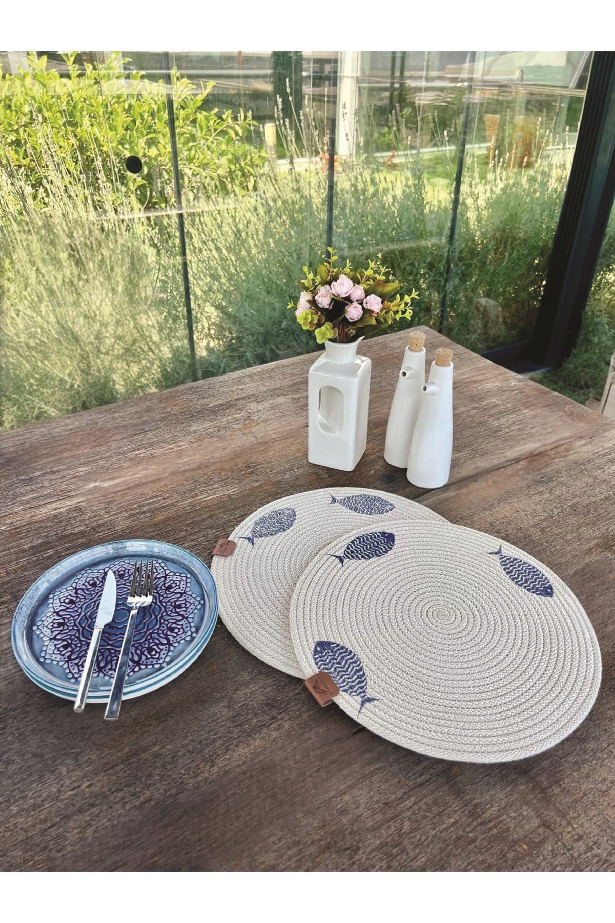 2'li Set Balıklar İşlemeli Amerikan Servis-Leke Tutmaz Beyaz 33 cm