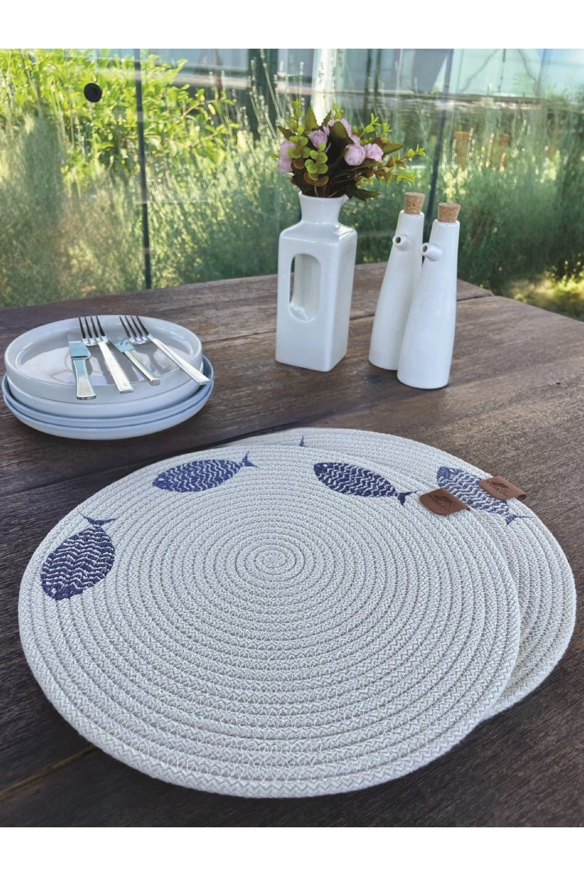 2'li Set Balıklar İşlemeli Amerikan Servis-Leke Tutmaz Beyaz 33 cm