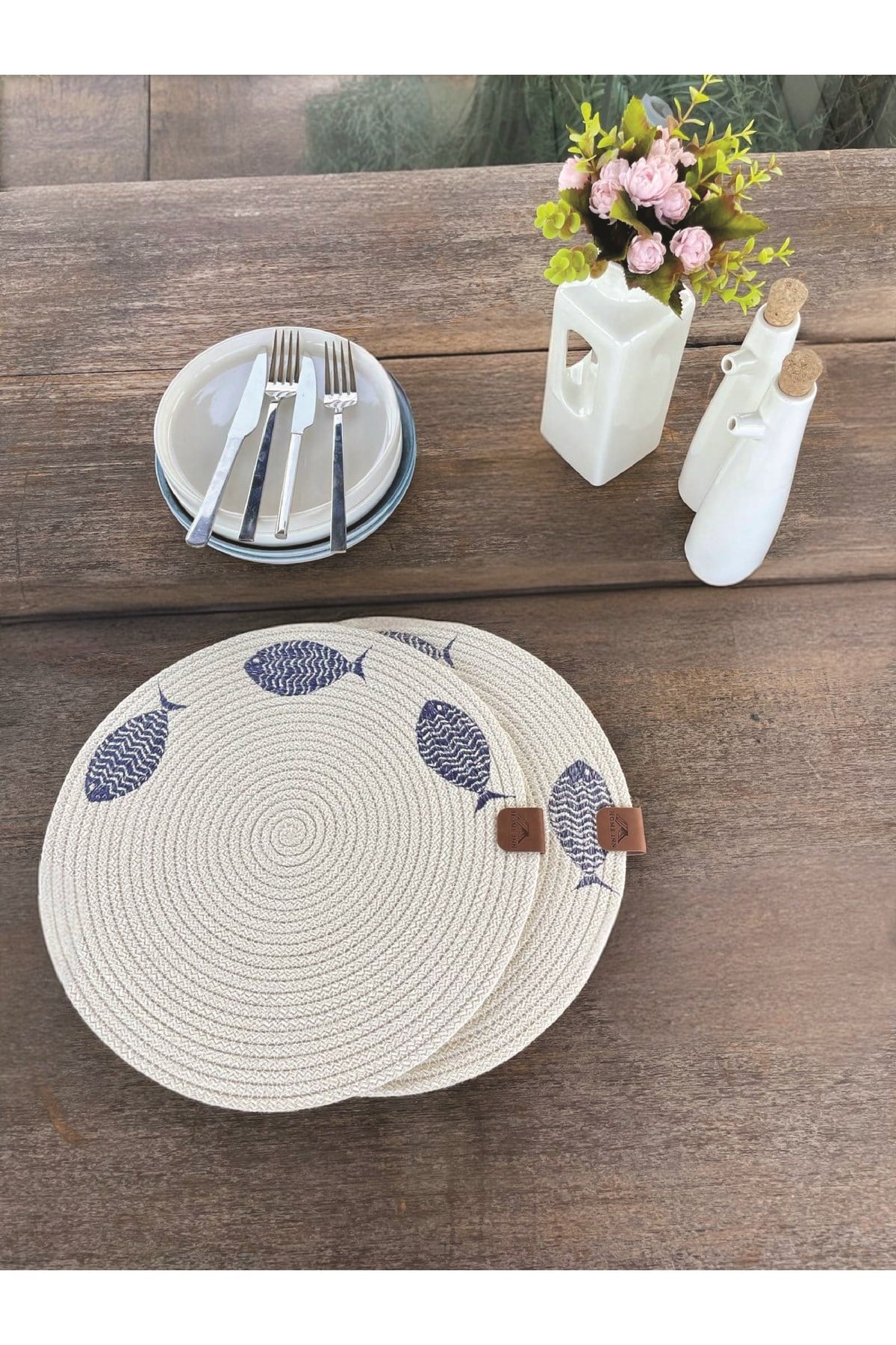 2'li Set Balıklar İşlemeli Amerikan Servis-Leke Tutmaz Beyaz 33 cm