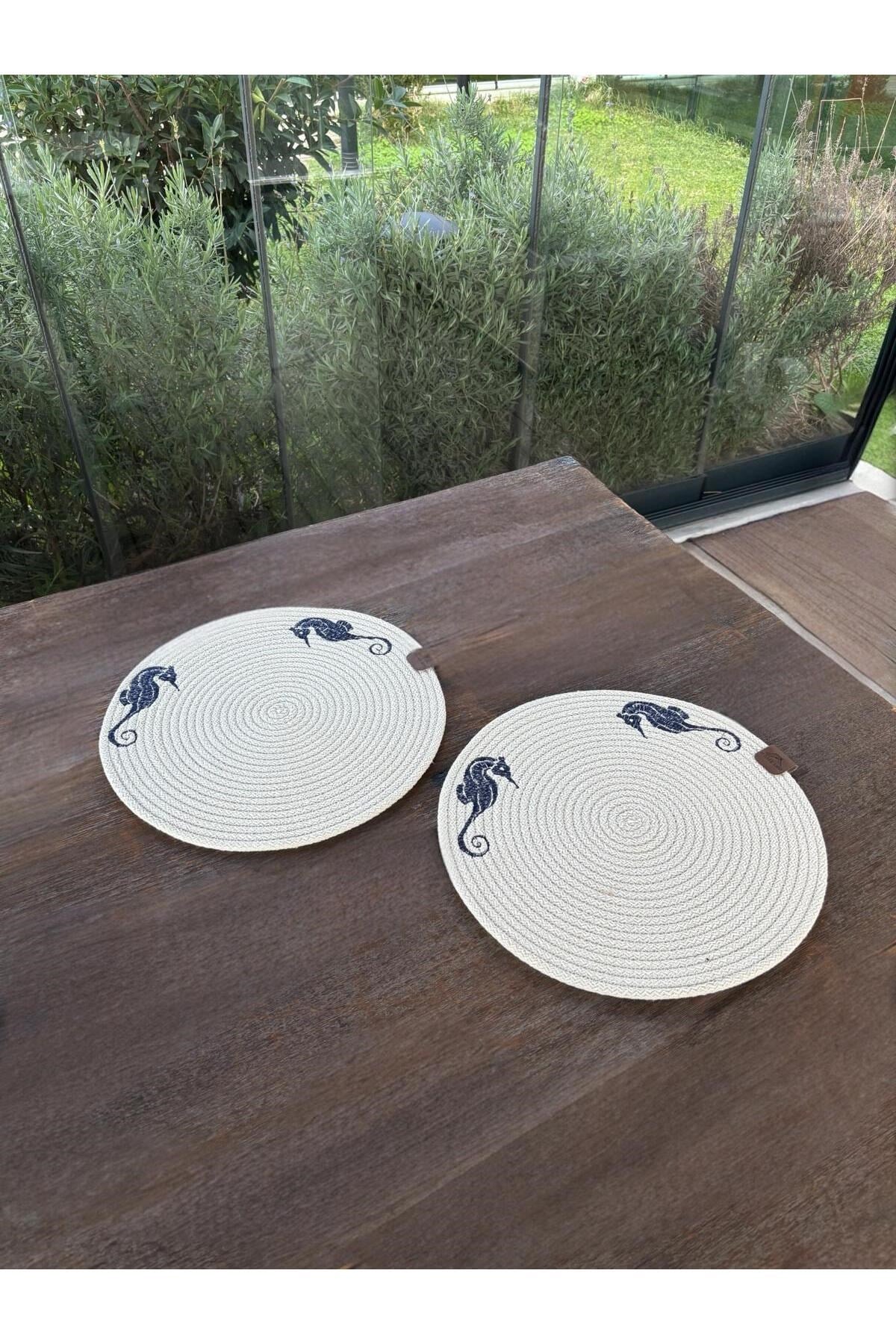 2'li Set Deniz Atı İşlemeli Amerikan Servis-Leke Tutmaz Natural 33 cm