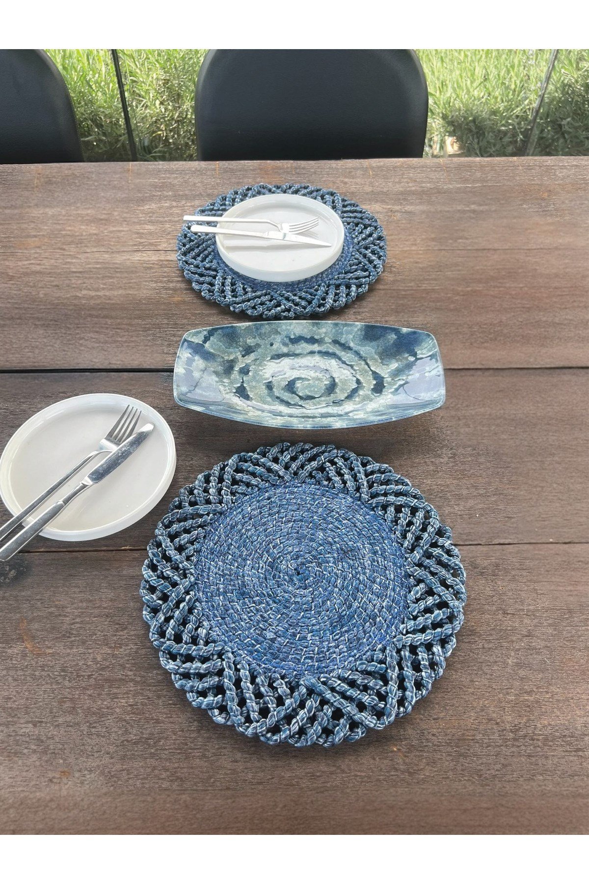 2'li Set Hasır Görünümlü Amerikan Servis-Leke Tutmaz Mavi 33 cm