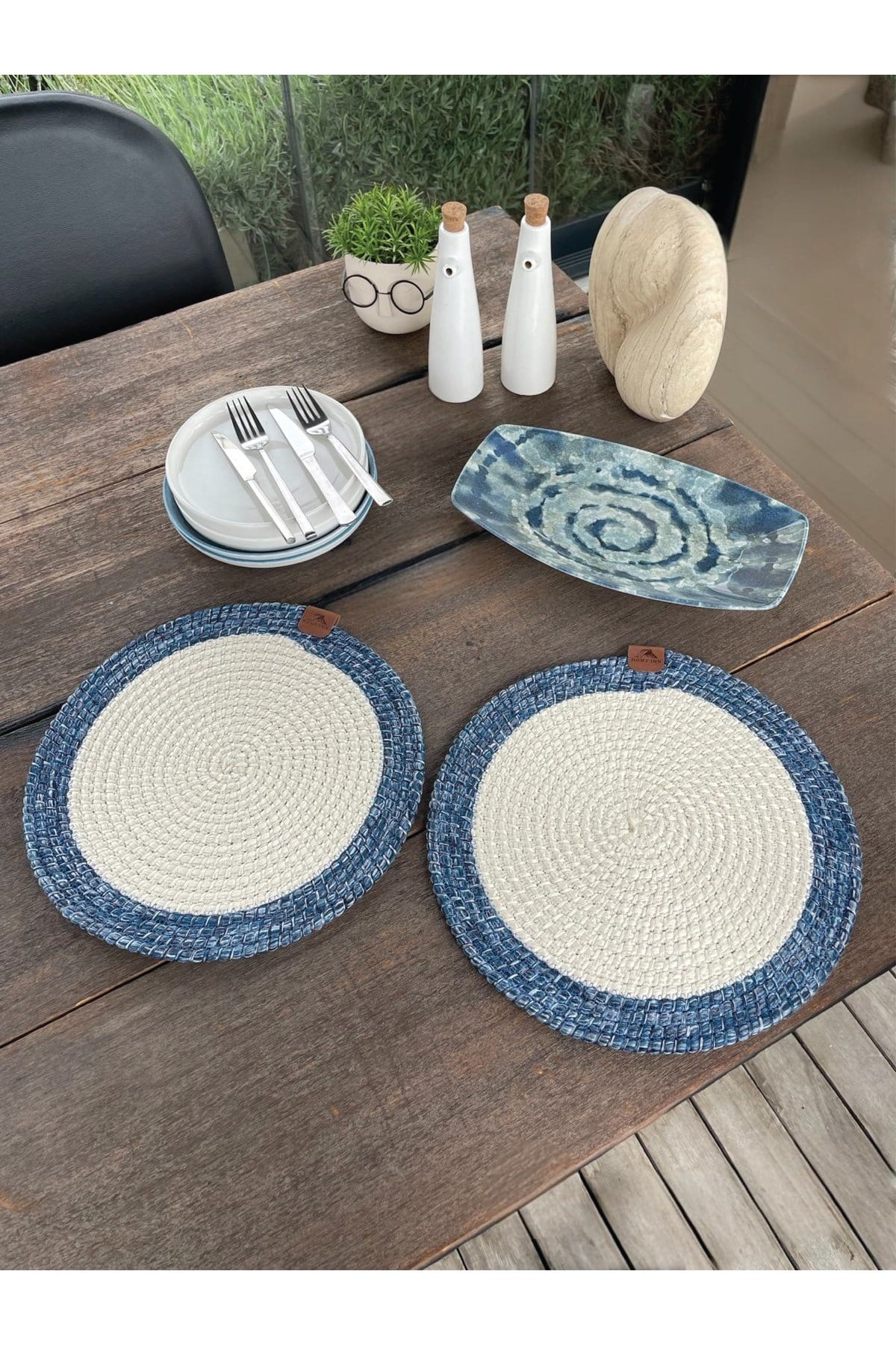 2'li Yuvarlak Model Amerikan Servis – Supla Leke Tutmaz - Supla Mavi/Beyaz 33x33 Cm