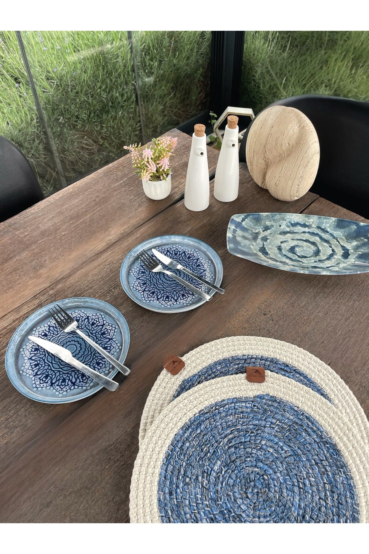 2'li Yuvarlak Model Amerikan Servis - Supla Leke Tutmaz, Beyaz/ Mavi 33x33 Cm