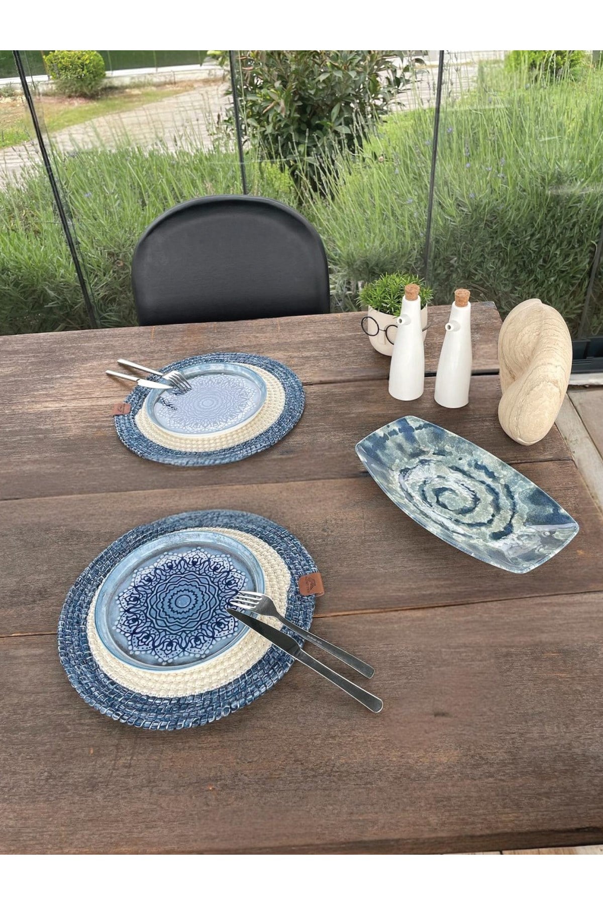 2'li Yuvarlak Model Amerikan Servis – Supla Leke Tutmaz - Supla Mavi/Beyaz 33x33 Cm