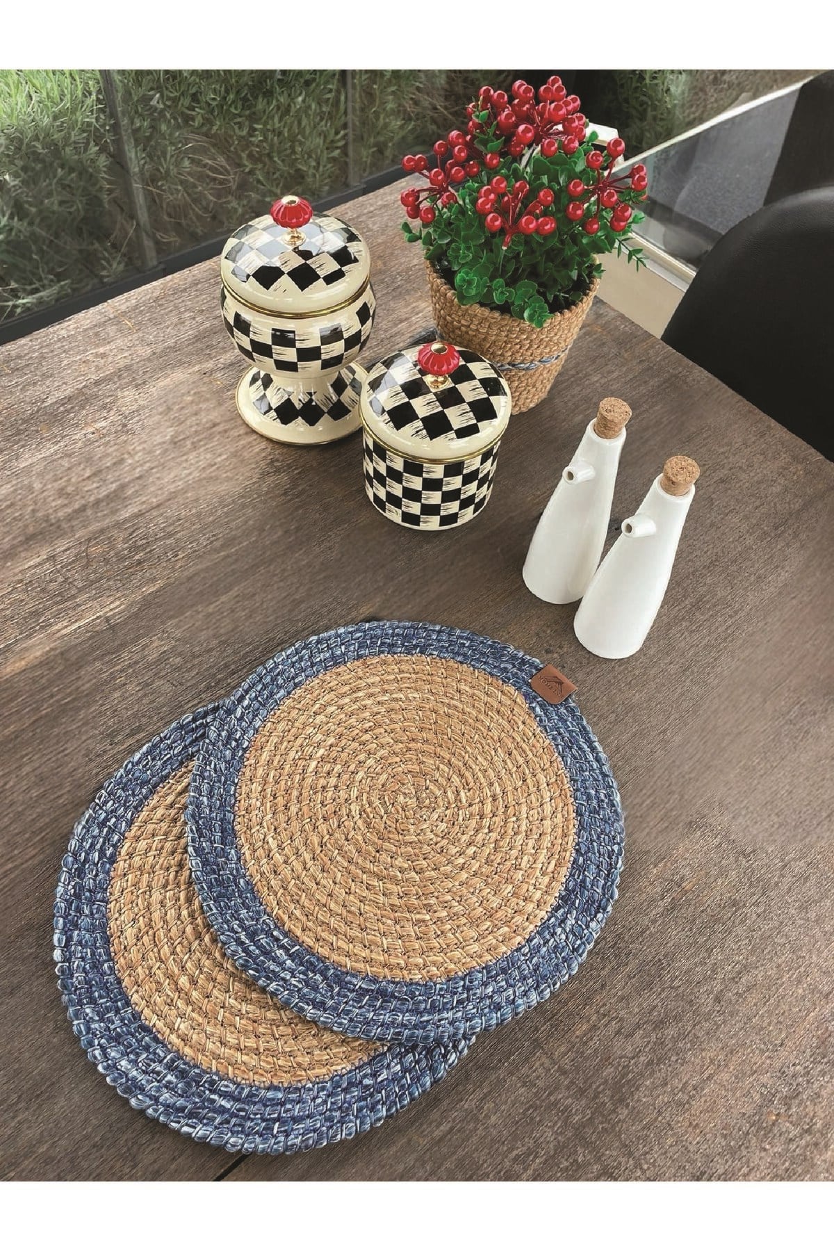 2'li Yuvarlak Model Amerikan Servis - Supla Leke Tutmaz, Natural-Mavi 33x33 Cm