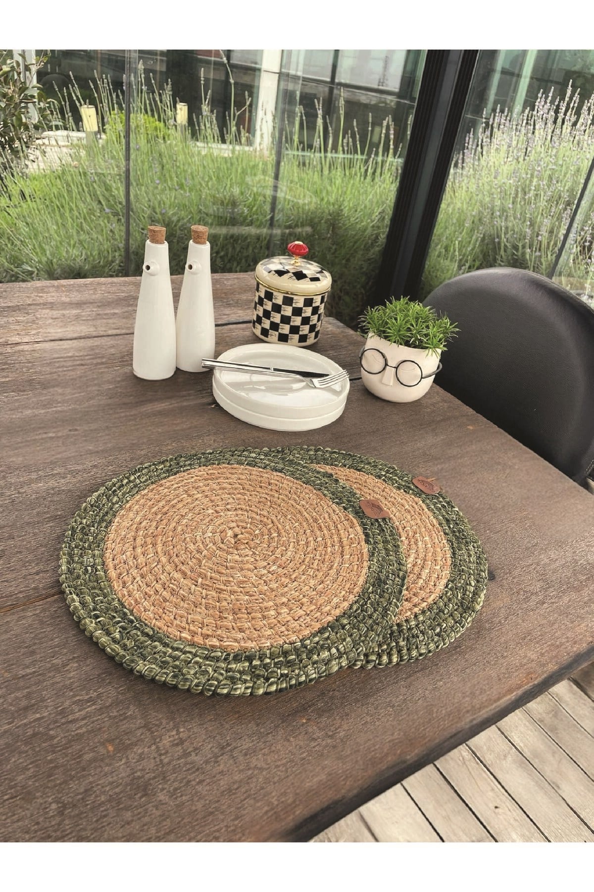 2'li Yuvarlak Model Amerikan Servis - Supla Leke Tutmaz, Natural-Yeşil 33x33 Cm