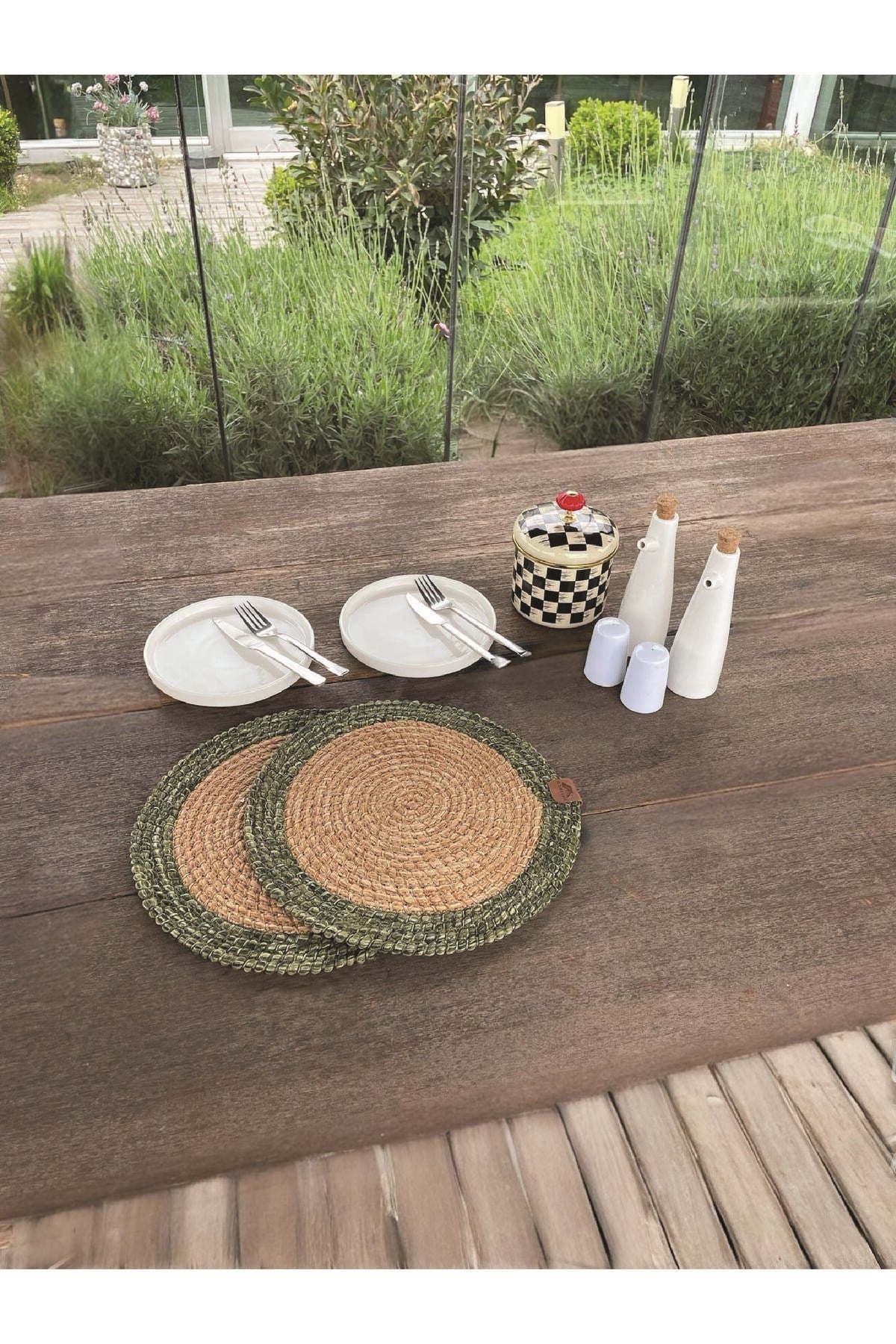 2'li Yuvarlak Model Amerikan Servis - Supla Leke Tutmaz, Natural-Yeşil 33x33 Cm