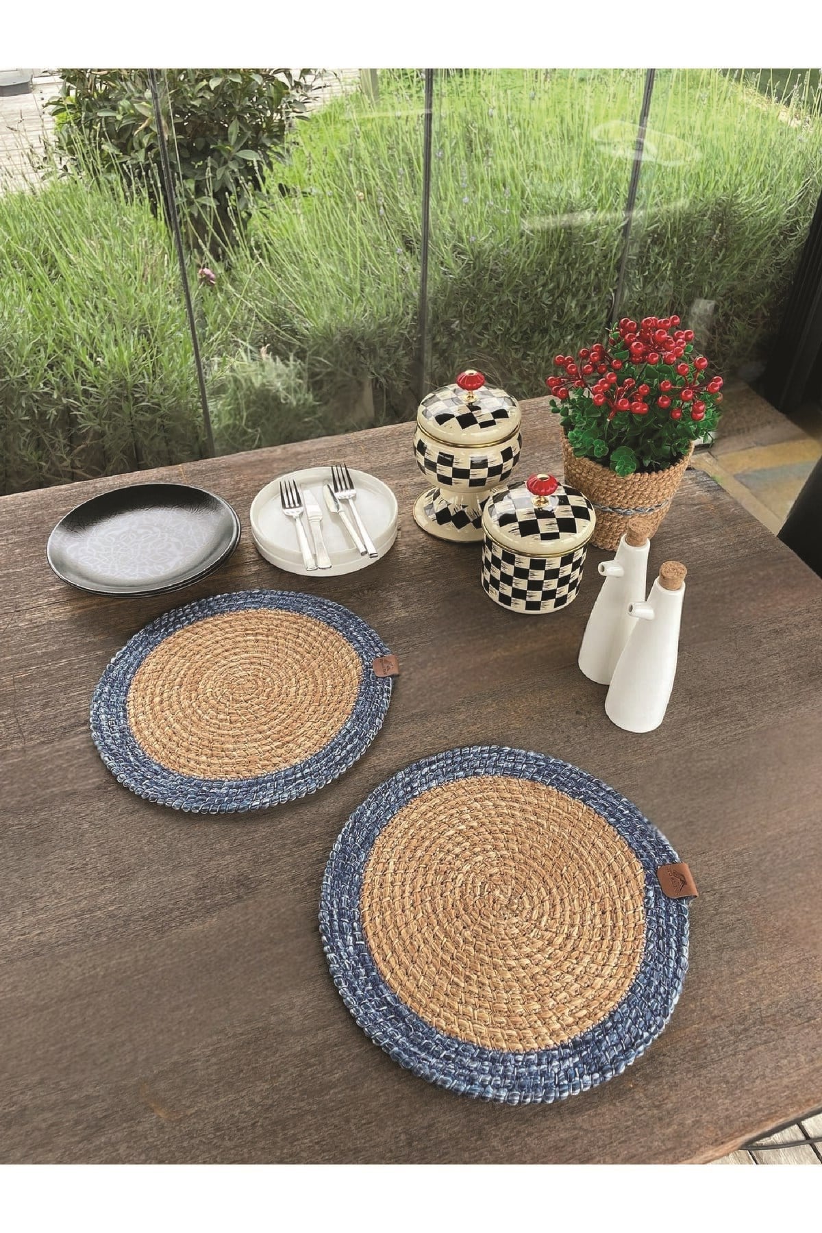 2'li Yuvarlak Model Amerikan Servis - Supla Leke Tutmaz, Natural-Mavi 33x33 Cm