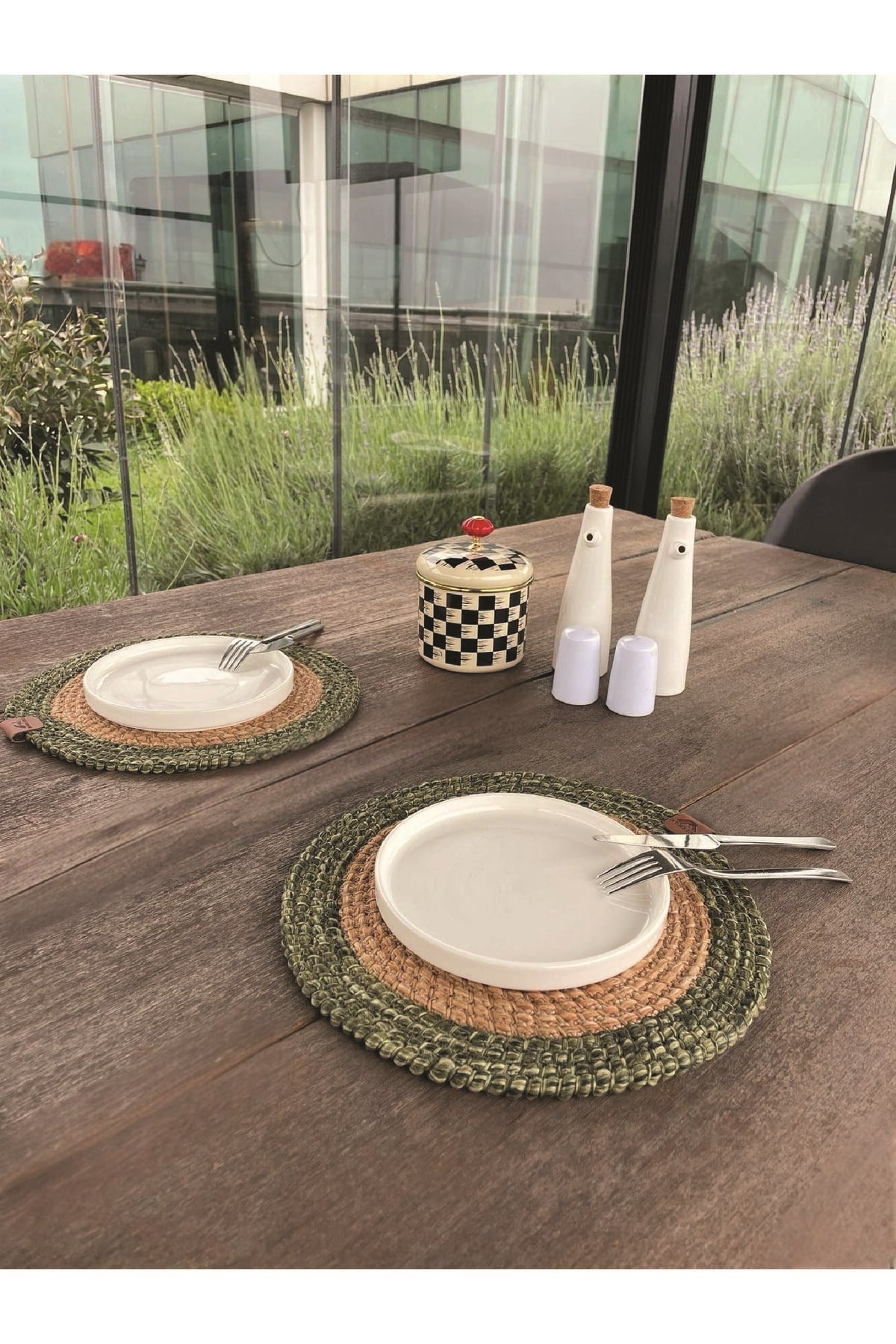2'li Yuvarlak Model Amerikan Servis - Supla Leke Tutmaz, Natural-Yeşil 33x33 Cm