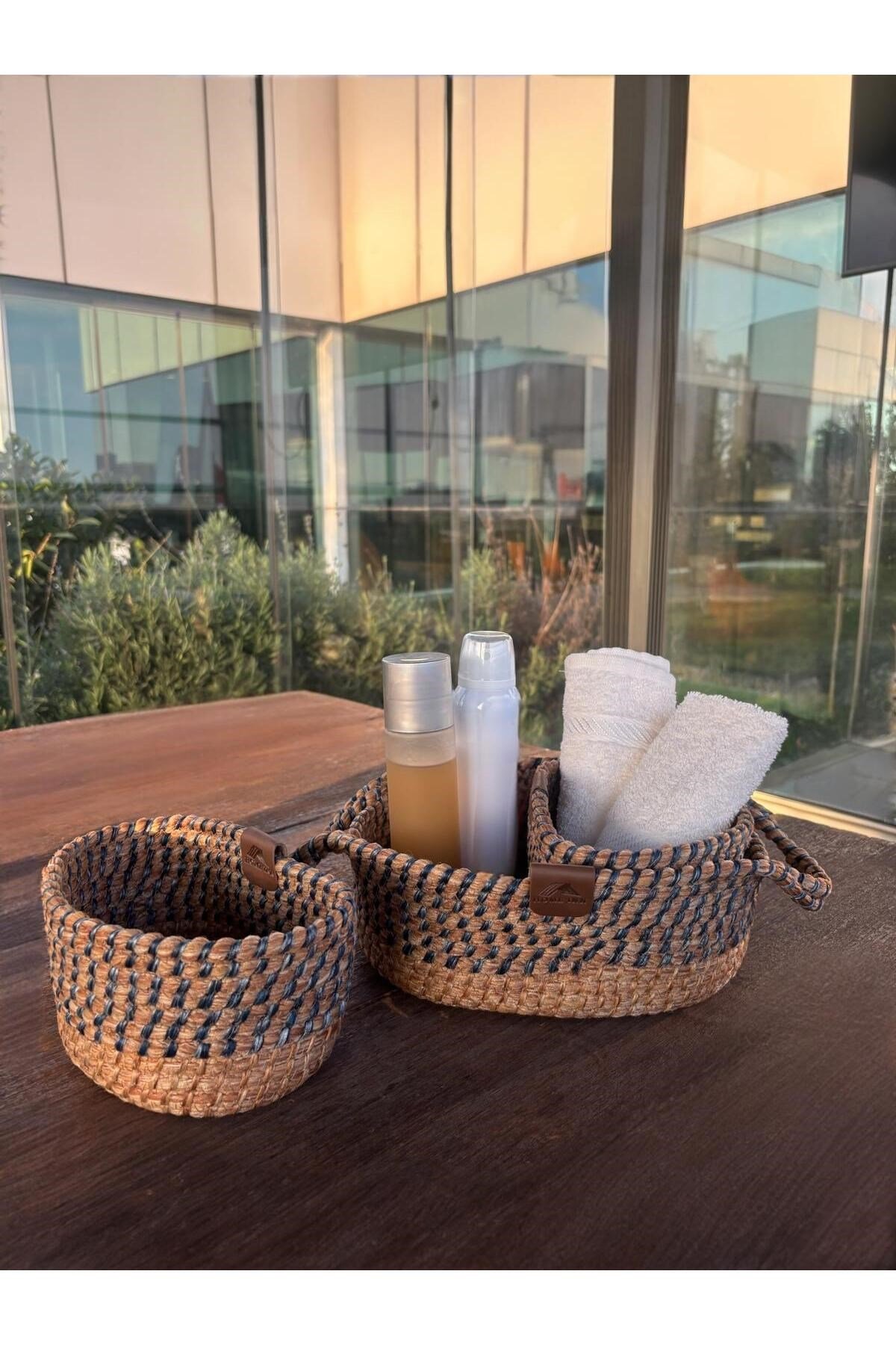 3'lü Düzenleyici Sepet Set - Dekoratif - Leke Tutmaz Mavi/Natural