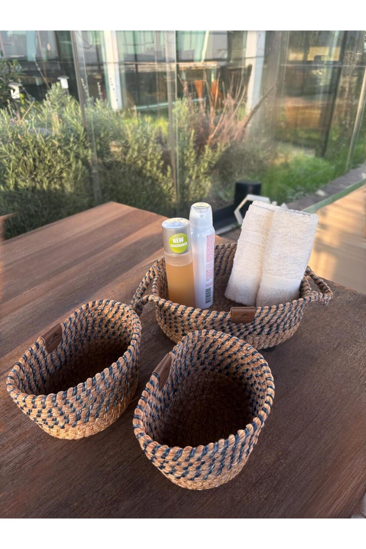 3'lü Düzenleyici Sepet Set - Dekoratif - Leke Tutmaz Mavi/Natural