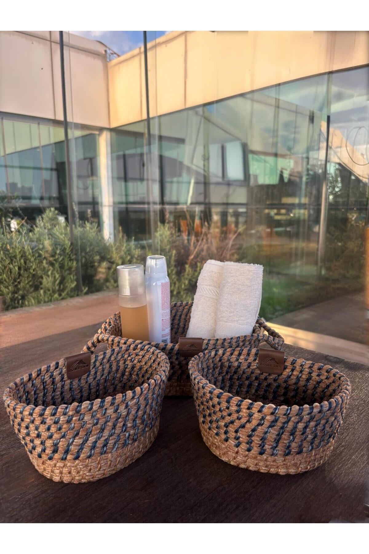3'lü Düzenleyici Sepet Set - Dekoratif - Leke Tutmaz Mavi/Natural