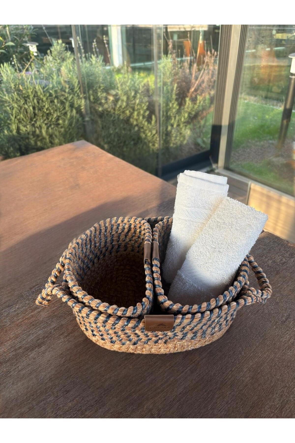3'lü Düzenleyici Sepet Set - Dekoratif - Leke Tutmaz Mavi/Natural