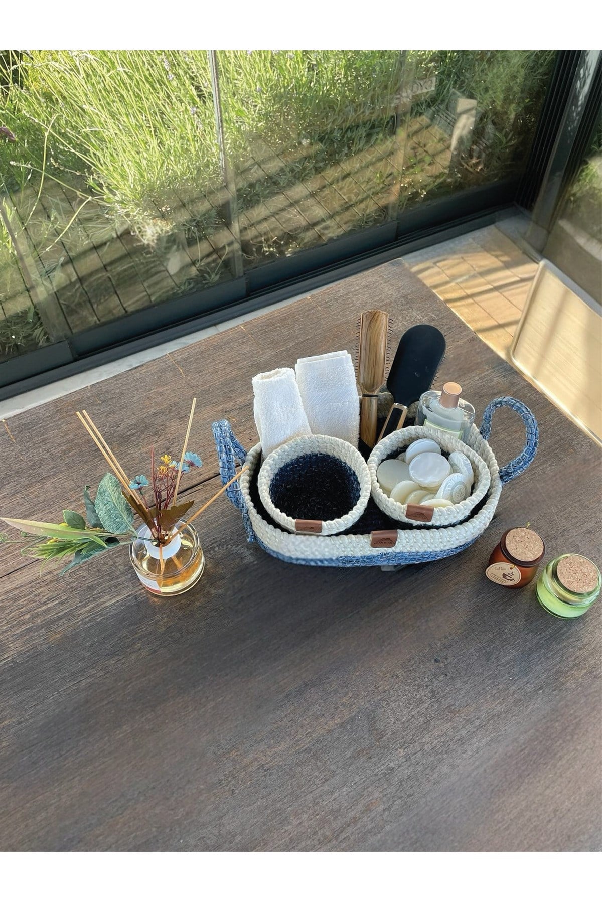 3'lü Düzenleyici Sepet Set Leke Tutmaz Beyaz -Mavi