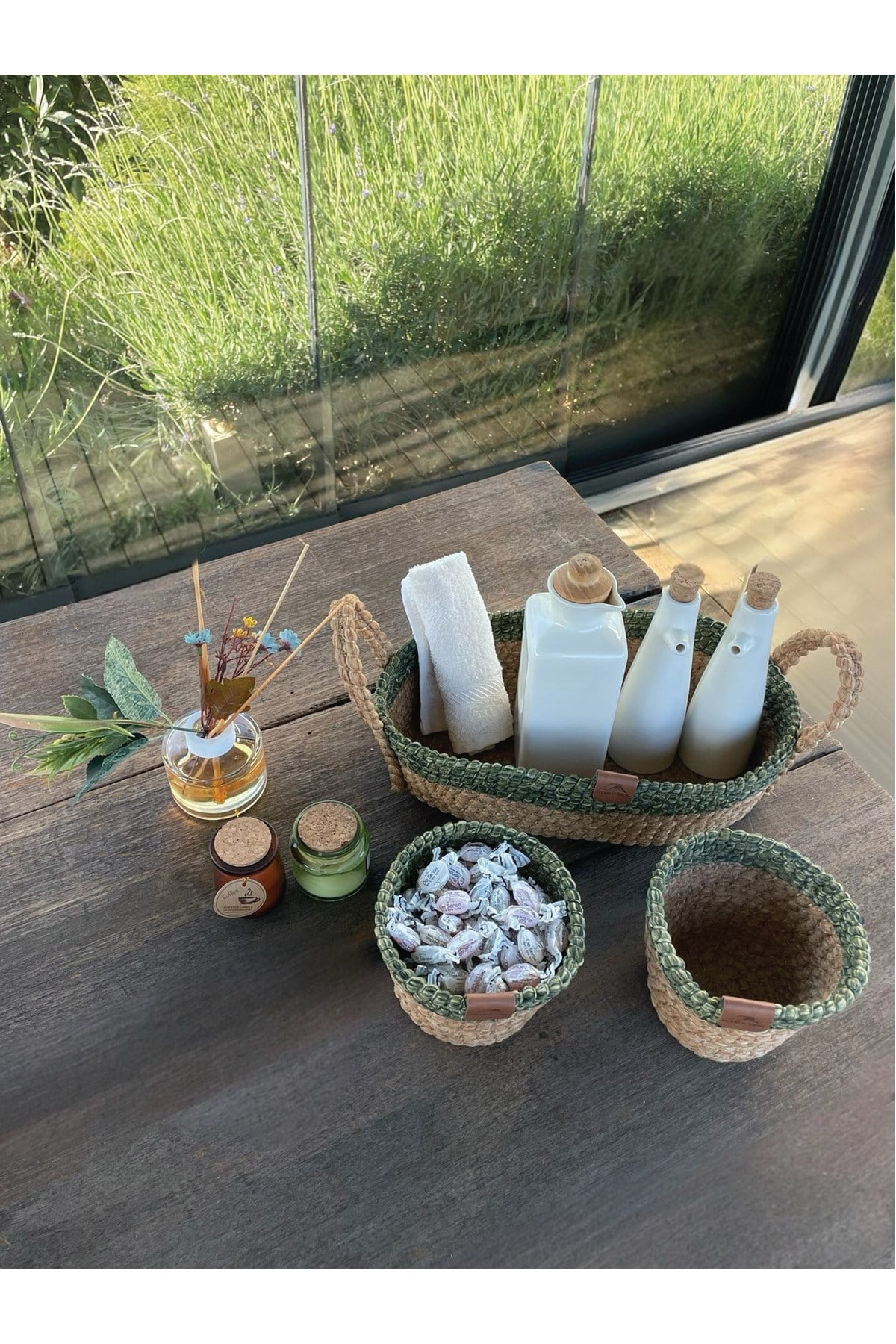 3'lü Düzenleyici Sepet Set Leke Tutmaz Yeşil-Natural