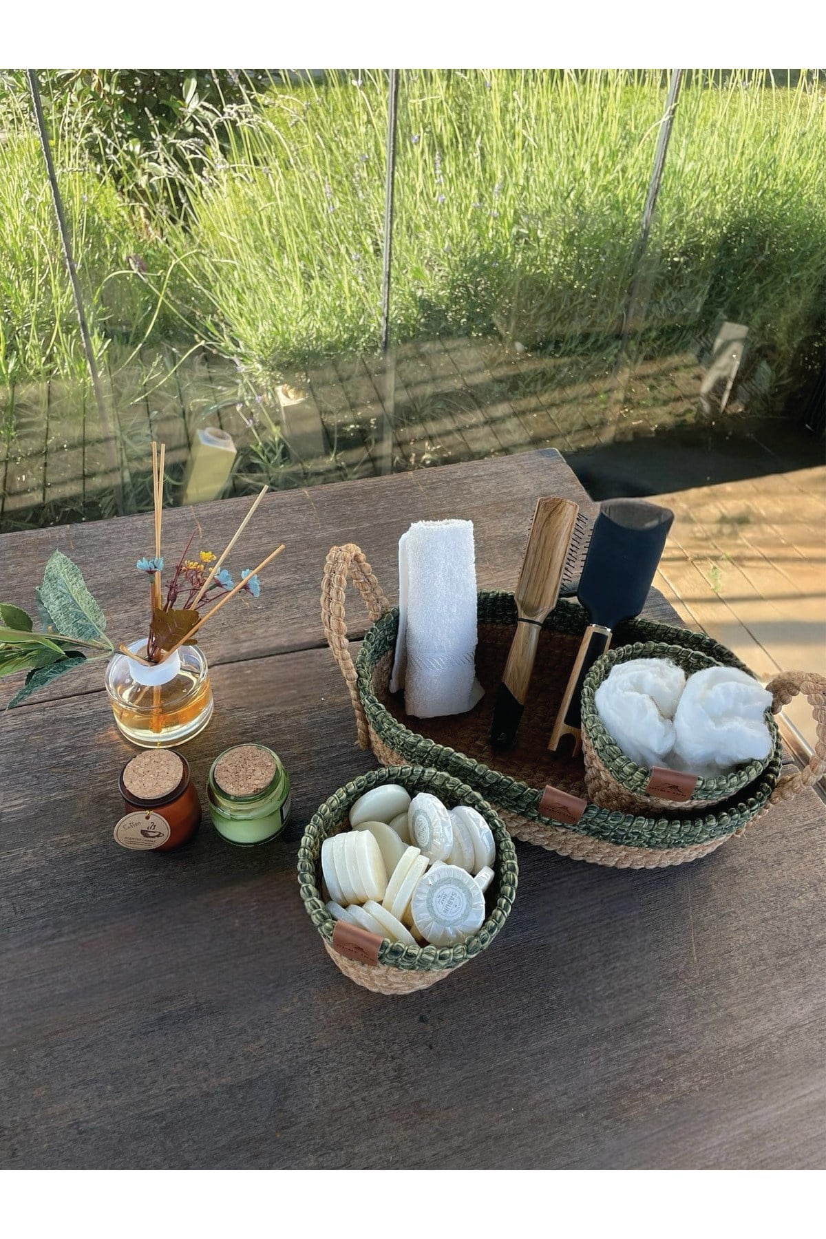 3'lü Düzenleyici Sepet Set Leke Tutmaz Yeşil-Natural