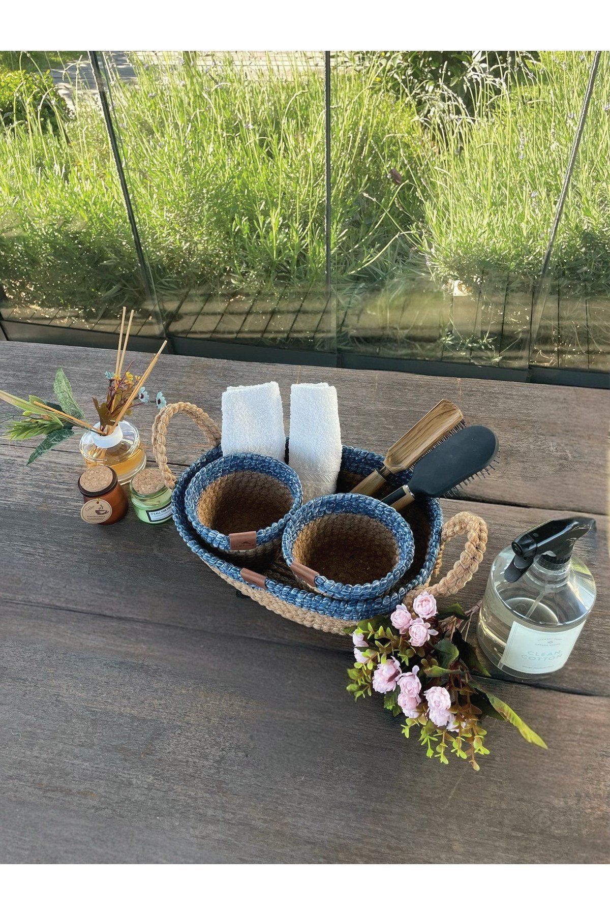 3'lü Düzenleyici Sepet Set Leke Tutmaz Mavi -Natural