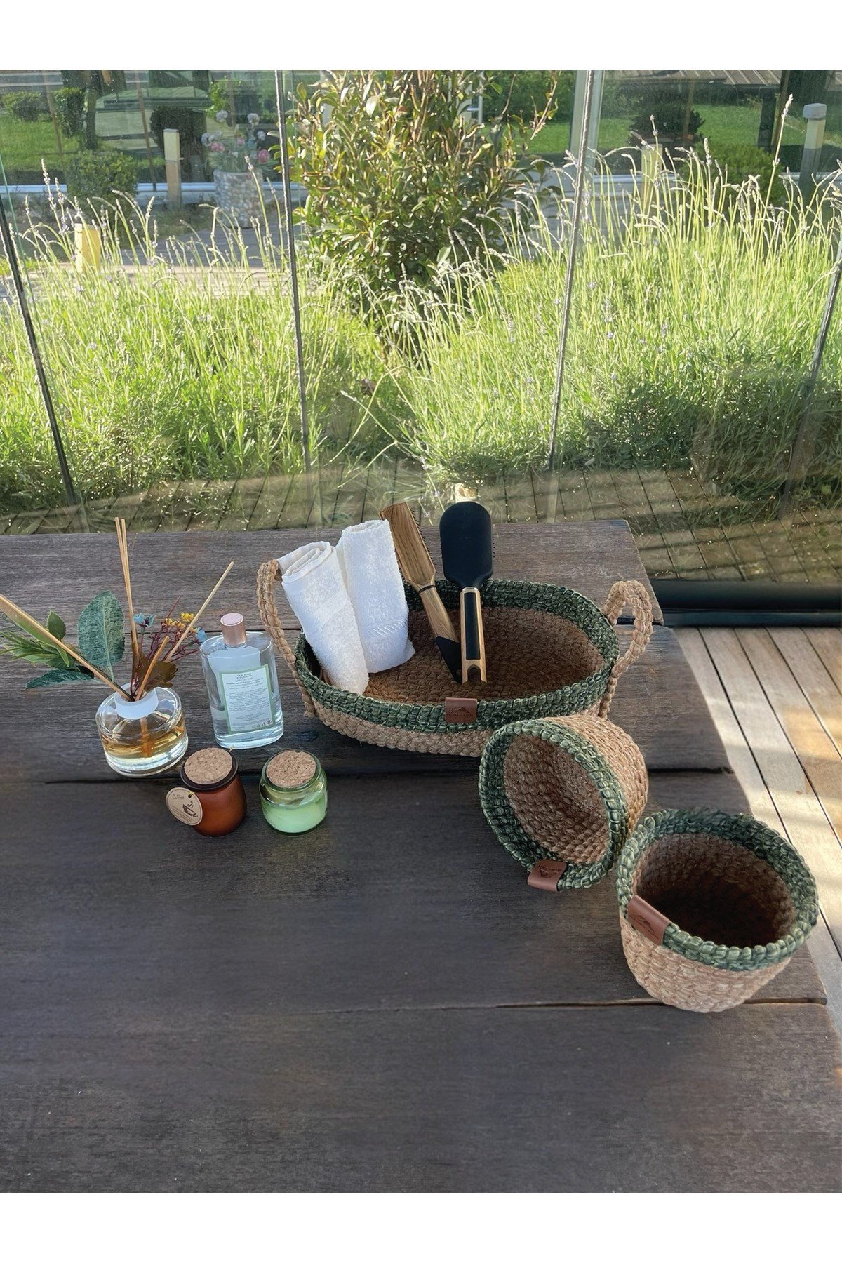 3'lü Düzenleyici Sepet Set Leke Tutmaz Yeşil-Natural