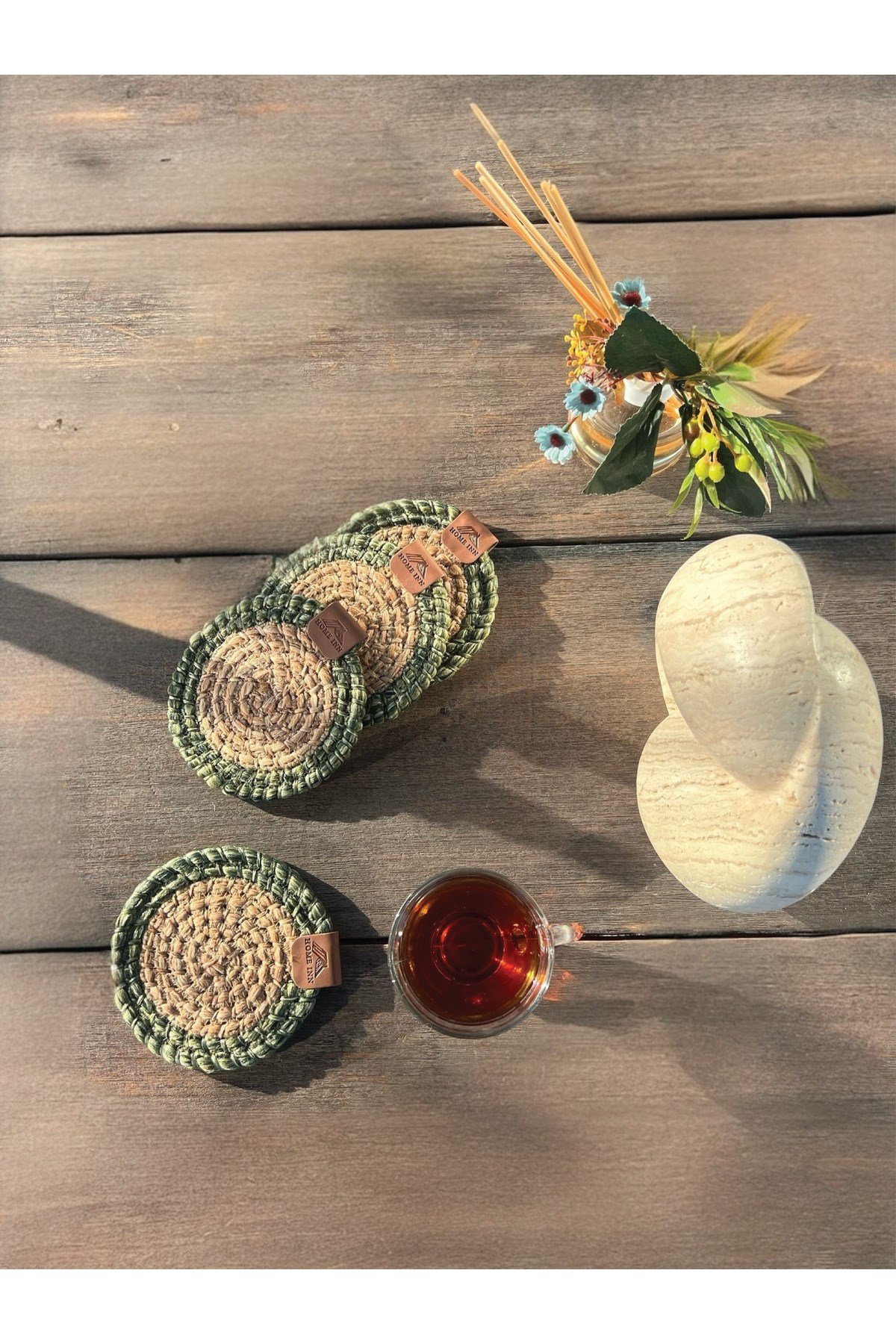 4 Adet Oval Bardak Altlığı- Leke Tutmaz- Naturel-Yeşil 13x17 cm