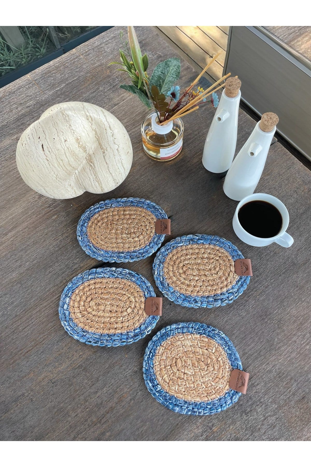 4 Adet Oval Bardak Altlığı- Leke Tutmaz- Naturel-Mavi 13x17 cm