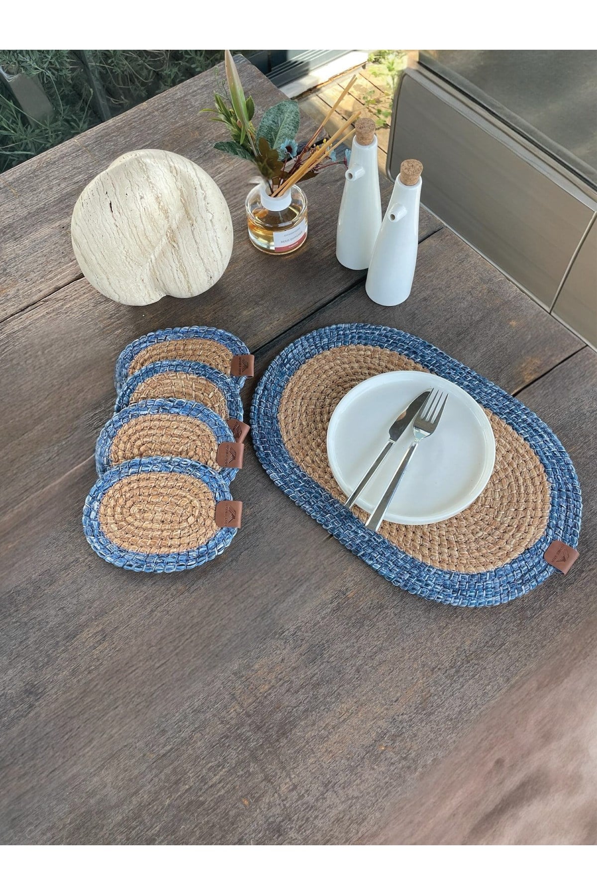 4 Adet Oval Bardak Altlığı- Leke Tutmaz- Naturel-Mavi 13x17 cm