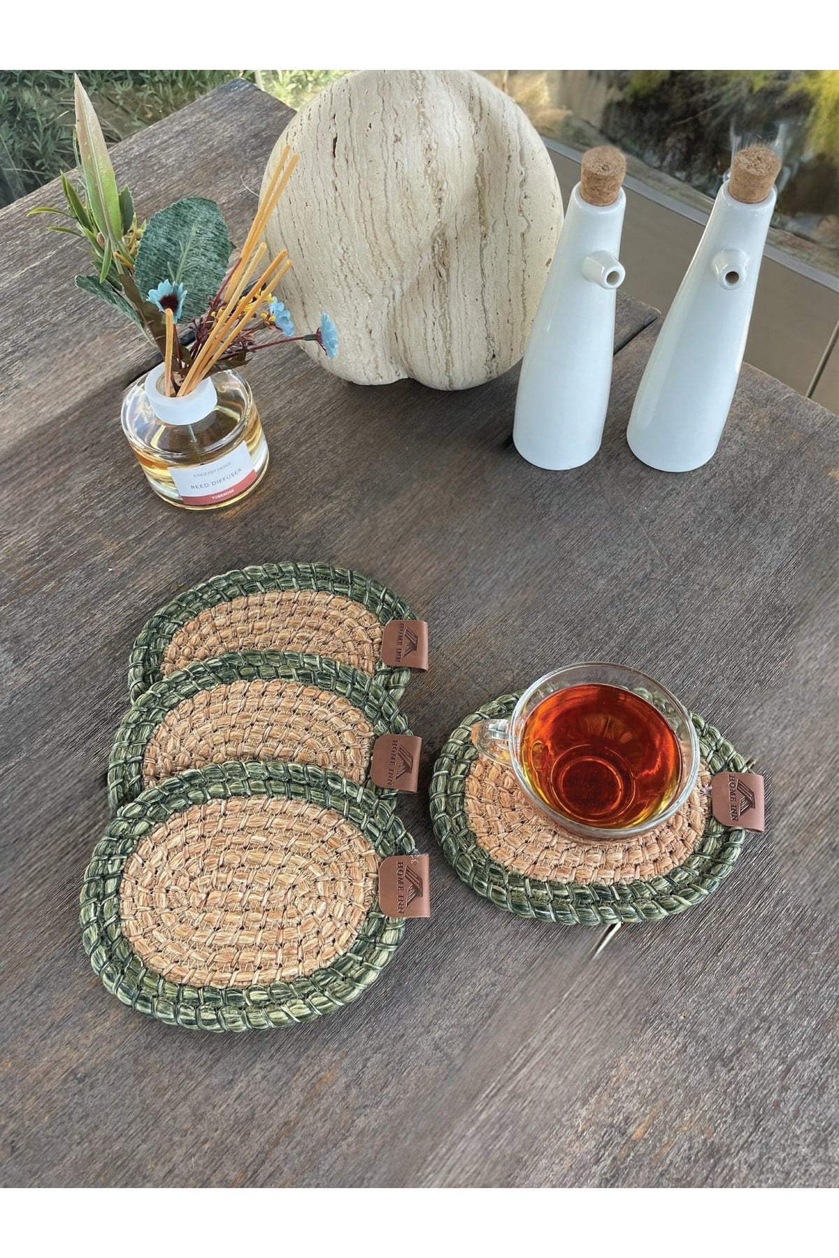 4 Adet Oval Dekoratif Bardak Altlığı Seti - Yuvarlak , Leke Tutmaz - Naturel-yeşil 13x17 Cm