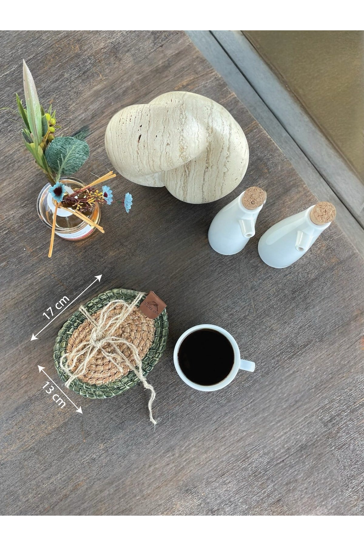 4 Adet Oval Dekoratif Bardak Altlığı Seti - Yuvarlak , Leke Tutmaz - Naturel-yeşil 13x17 Cm