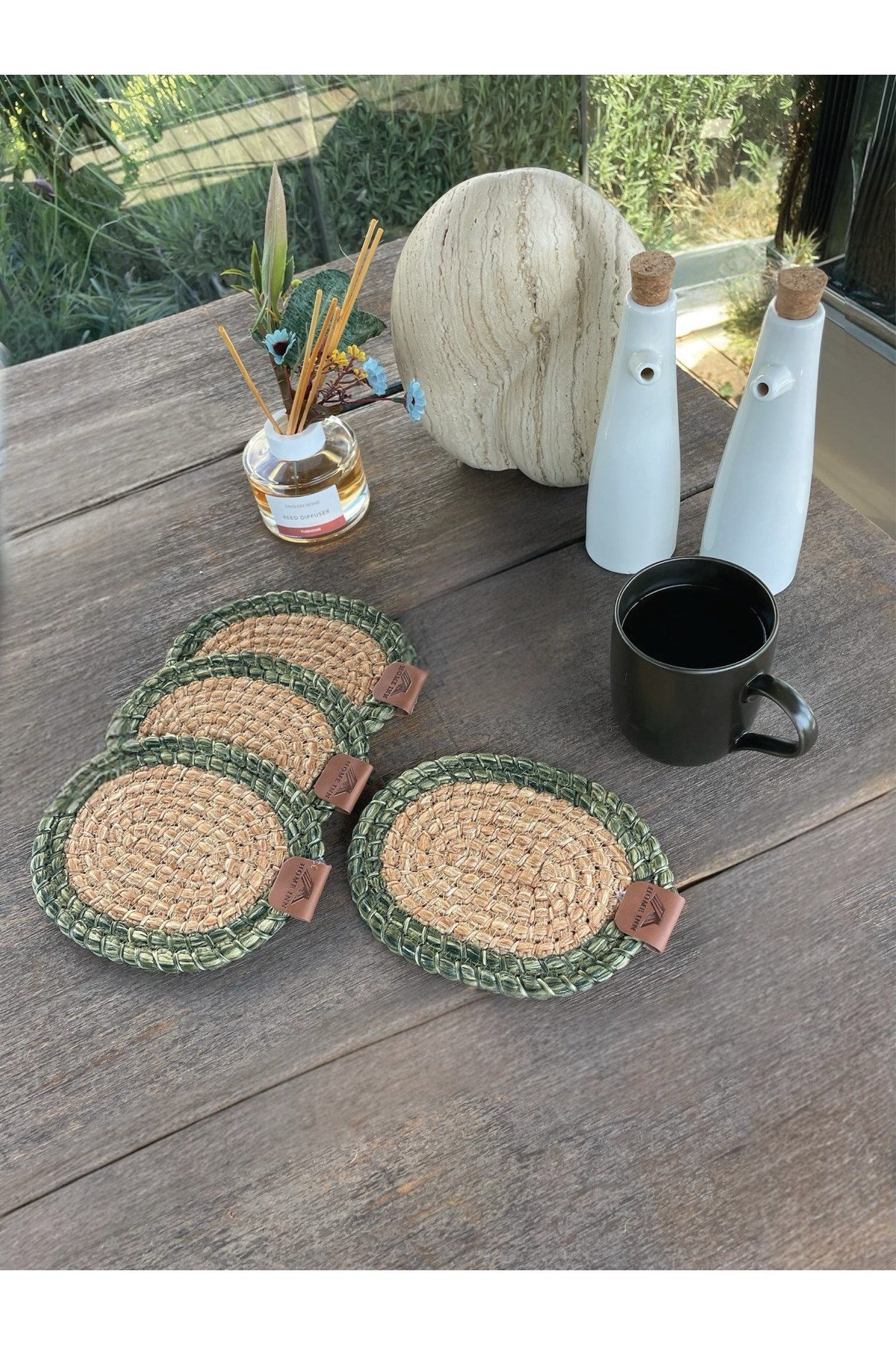 4 Adet Oval Dekoratif Bardak Altlığı Seti - Yuvarlak , Leke Tutmaz - Naturel-yeşil 13x17 Cm