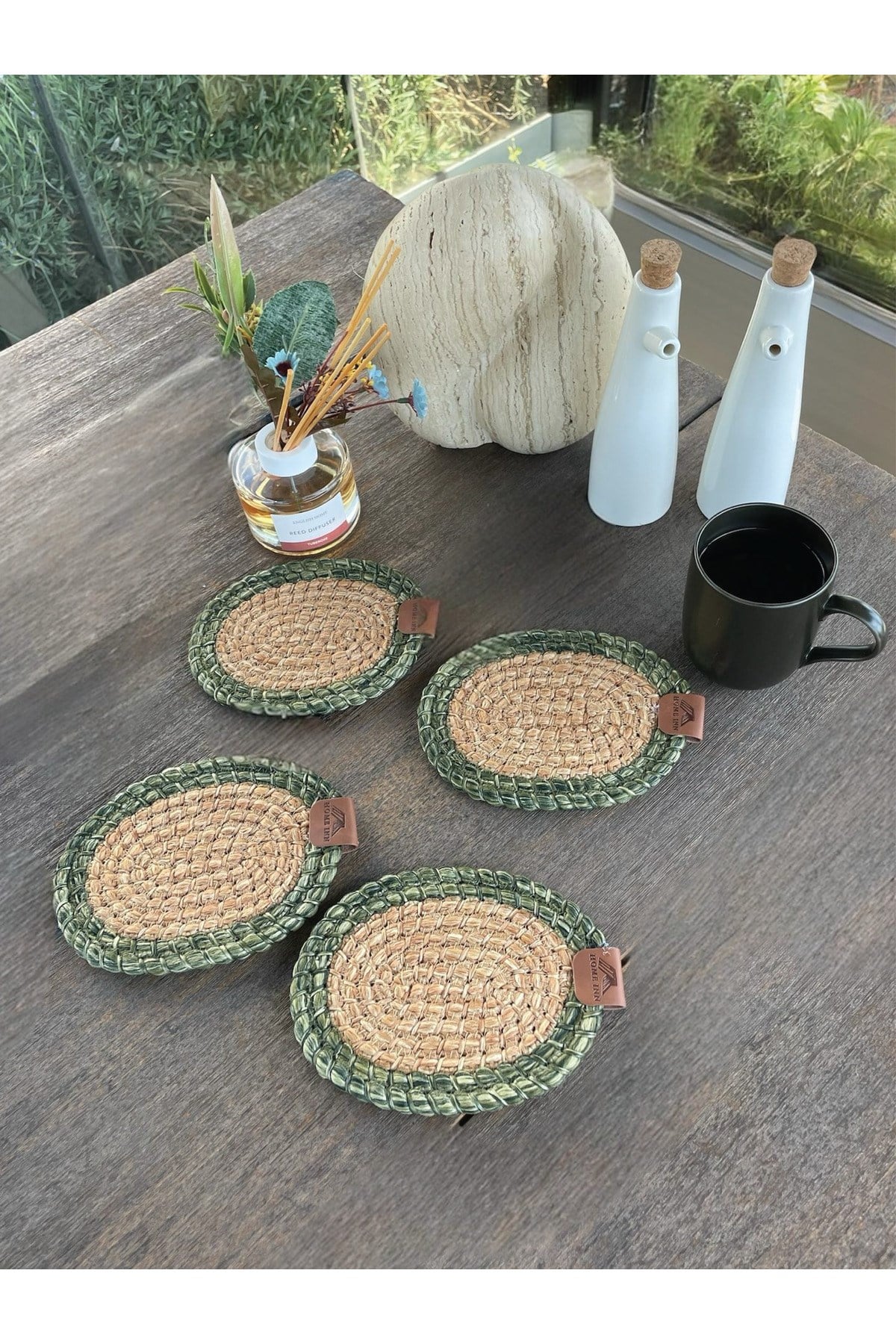 4 Adet Oval Dekoratif Bardak Altlığı Seti - Yuvarlak , Leke Tutmaz - Naturel-yeşil 13x17 Cm