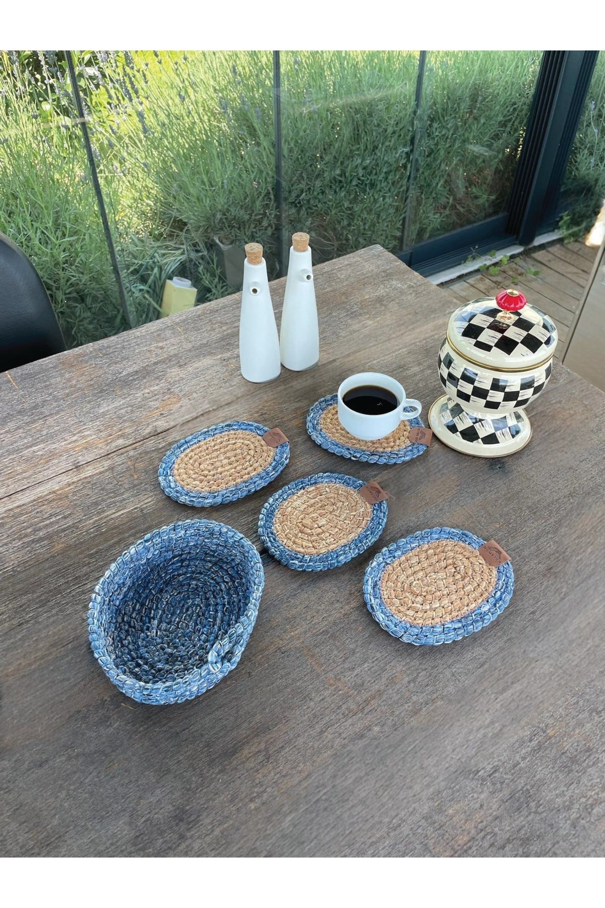 4 Adet Oval Dekoratif Bardak Altlığı Seti - Yuvarlak , Leke Tutmaz- Naturel-mavi 13x17 Cm