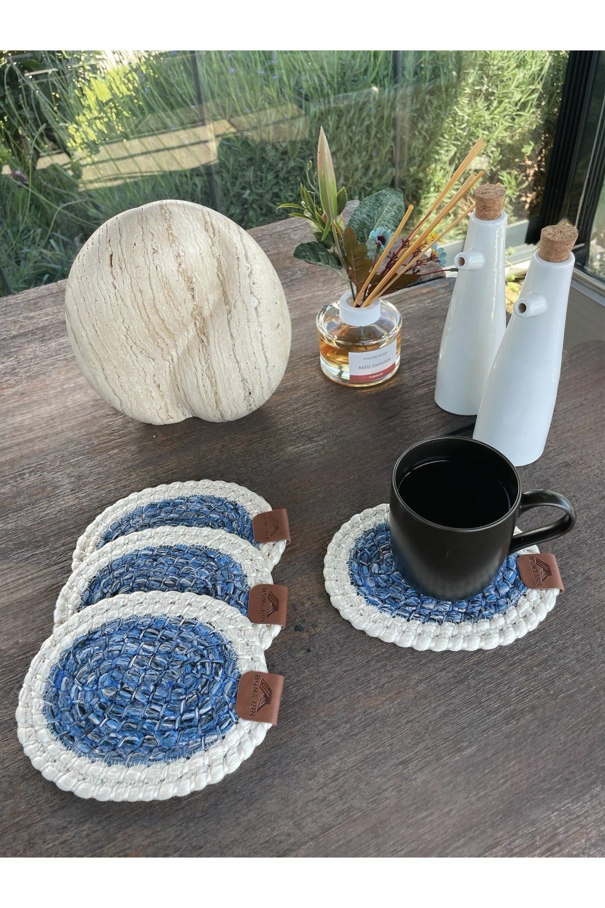 4 Adet Oval Kılfılı Bardak Altlığı- Leke Tutmaz- Beyaz-Mavi 13x17 cm
