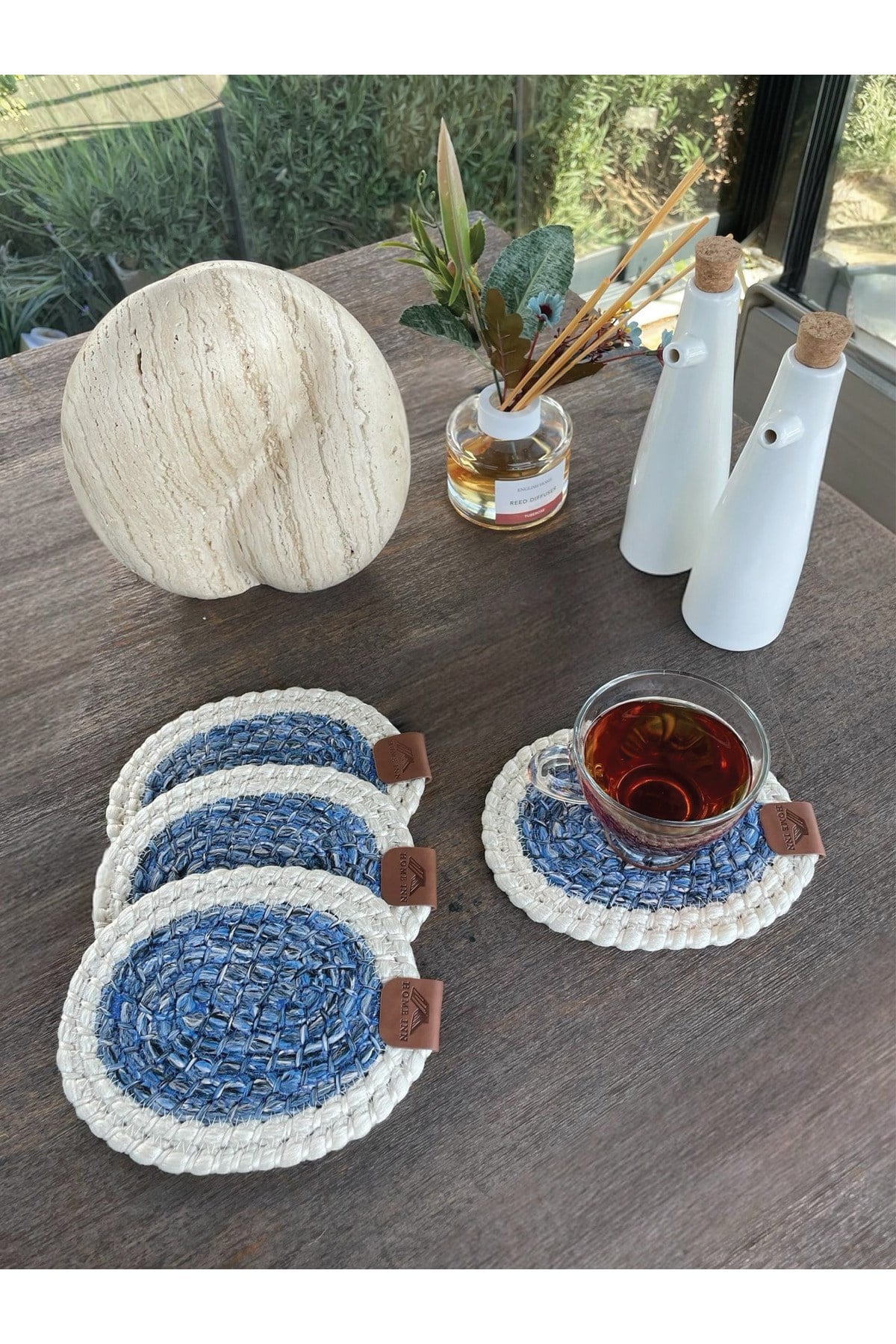 4 Adet Oval Kılfılı Bardak Altlığı- Leke Tutmaz- Beyaz-Mavi 13x17 cm