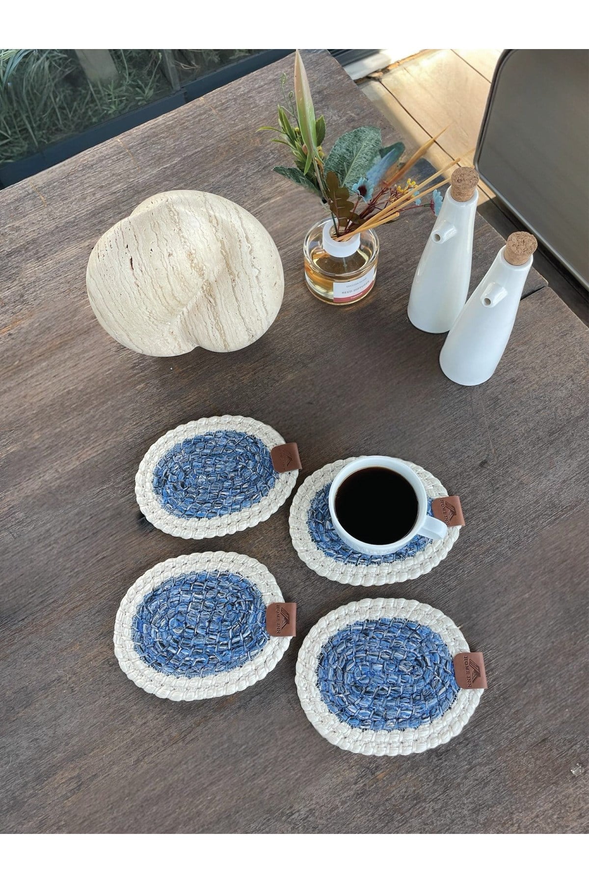 4 Adet Oval Kılfılı Bardak Altlığı- Leke Tutmaz- Beyaz-Mavi 13x17 cm