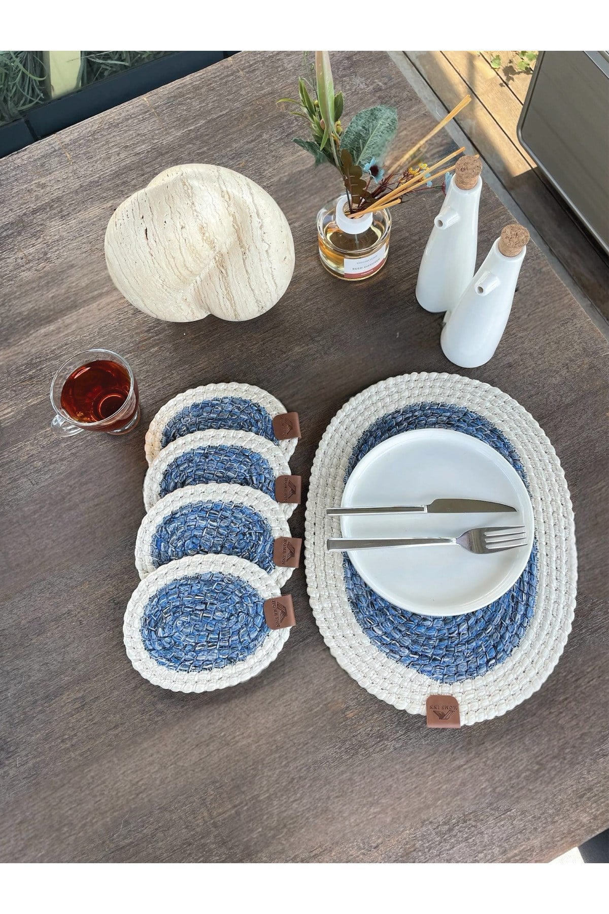 4 Adet Oval Kılfılı Bardak Altlığı- Leke Tutmaz- Beyaz-Mavi 13x17 cm