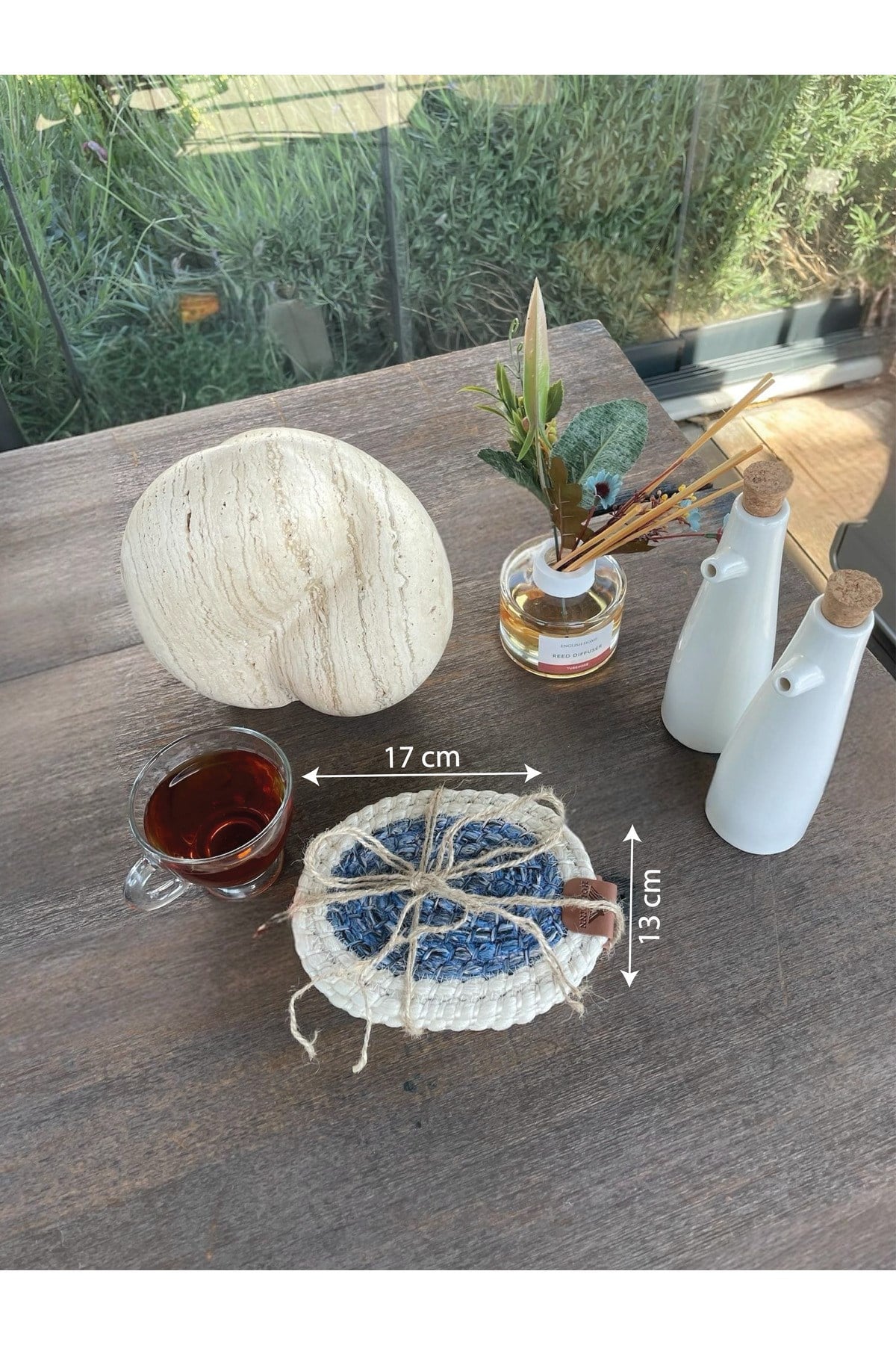 4 Adet Oval Kılfılı Bardak Altlığı- Leke Tutmaz- Beyaz-Mavi 13x17 cm