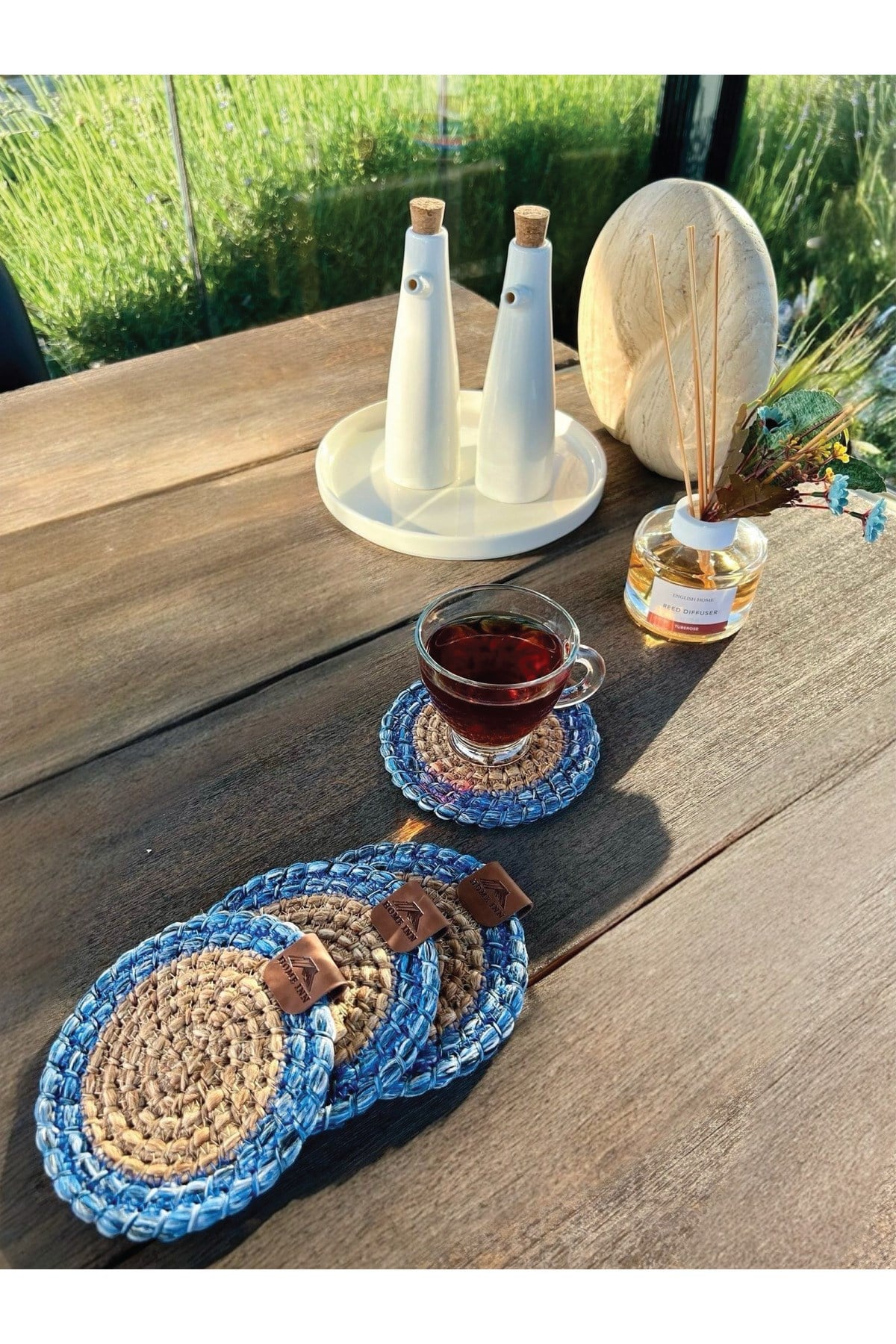 4 Adet Yuvarlak Bardak Altlığı- Leke Tutmaz- Naturel-Mavi13x13 cm