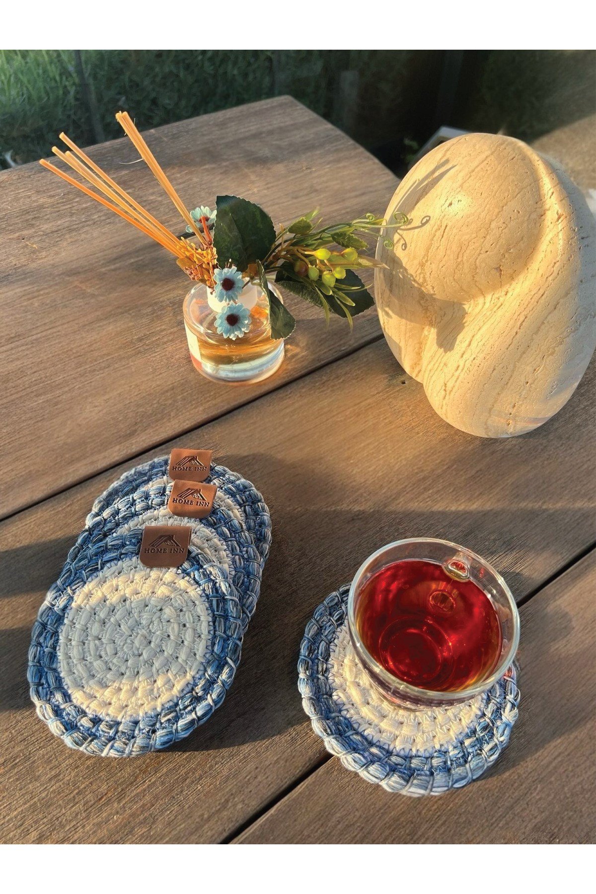 4 Adet Yuvarlak Bardak Altlığı- Leke Tutmaz- Mavi-Beyaz 13x13 cm