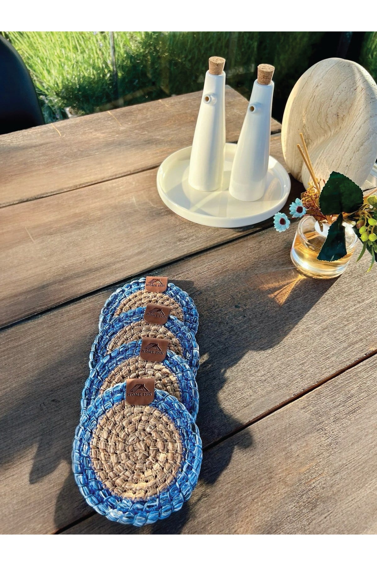 4 Adet Yuvarlak Bardak Altlığı- Leke Tutmaz- Naturel-Mavi13x13 cm