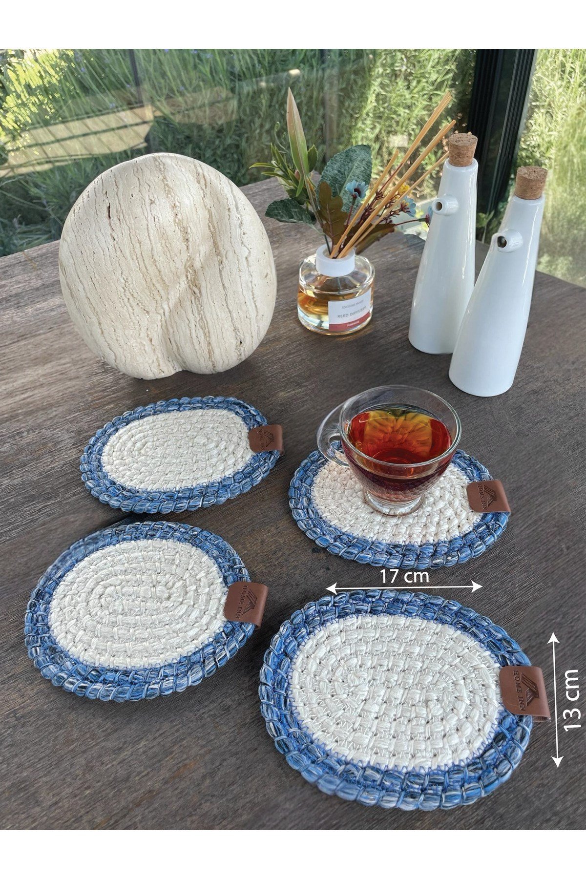 4 Adet Yuvarlak Bardak Altlığı- Leke Tutmaz- Mavi-Beyaz 13x13 cm