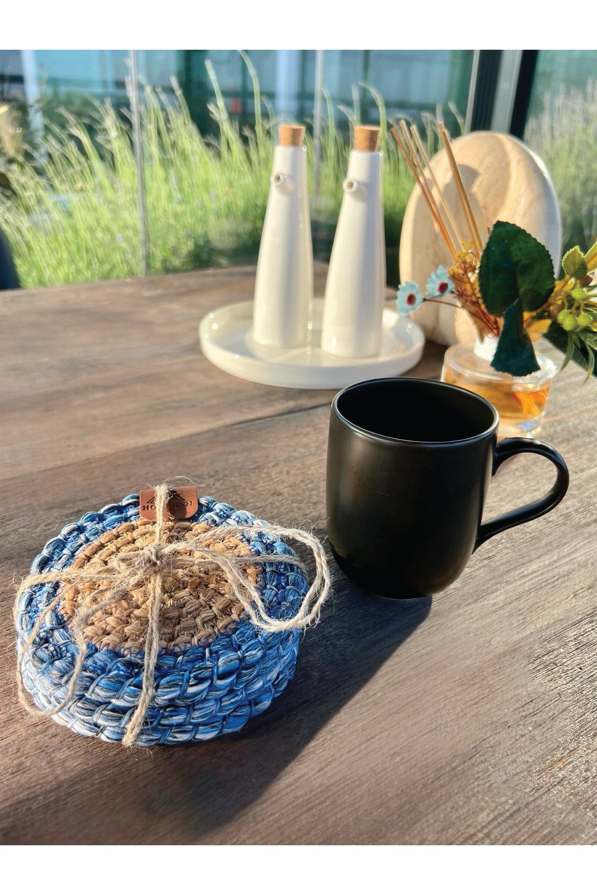 4 Adet Yuvarlak Bardak Altlığı- Leke Tutmaz- Naturel-Mavi13x13 cm