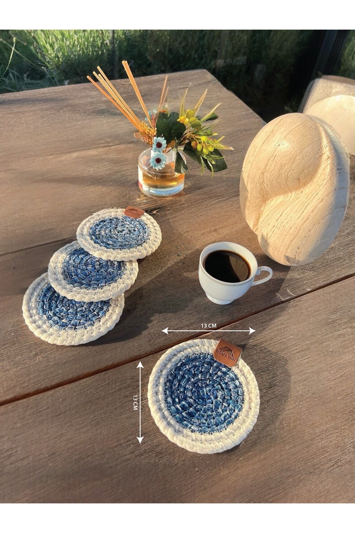 4 Adet Yuvarlak Bardak Altlığı- Leke Tutmaz- Beyaz-Mavi 13x13 cm