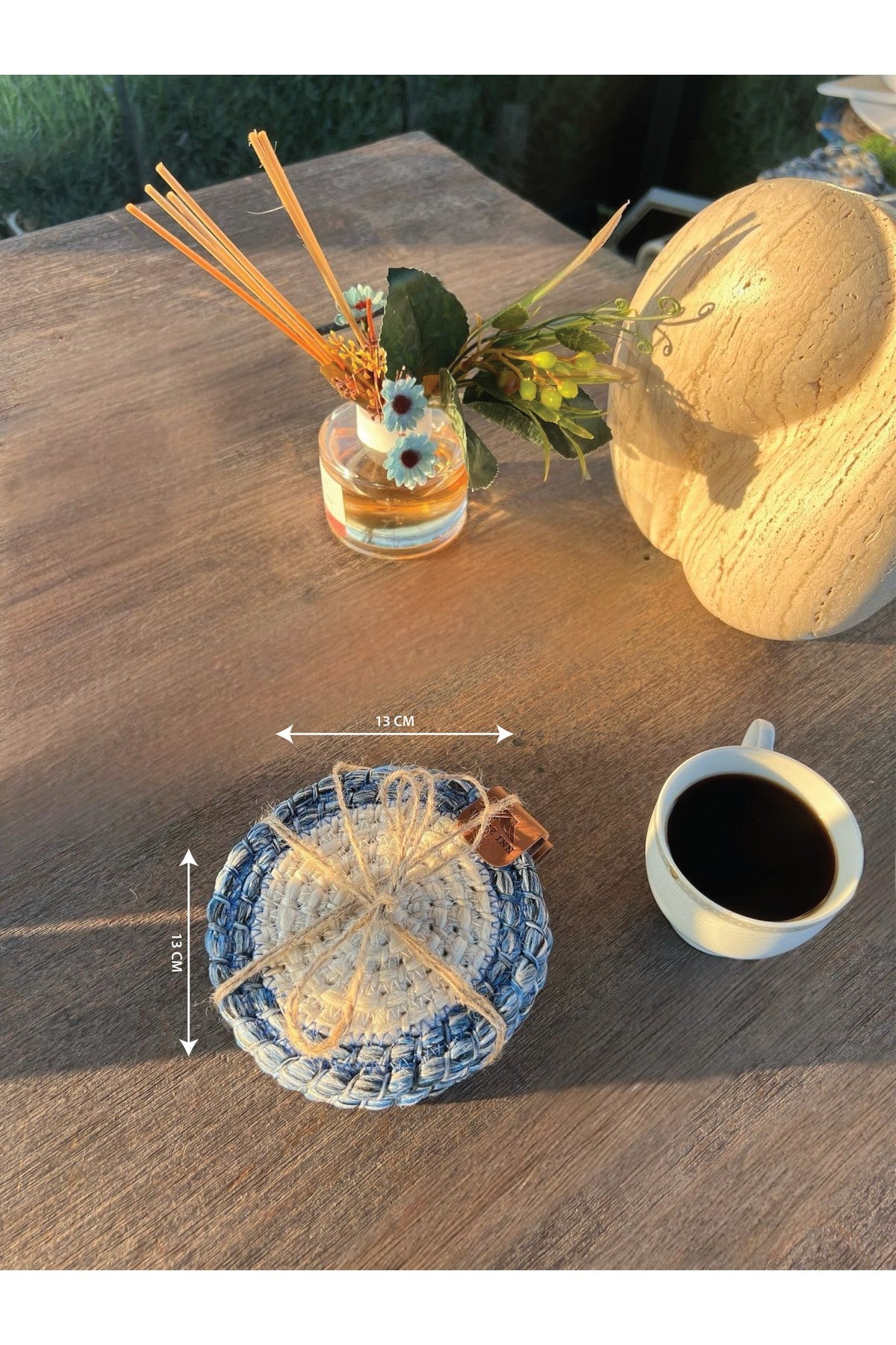 4 Adet Yuvarlak Bardak Altlığı- Leke Tutmaz- Mavi-Beyaz 13x13 cm