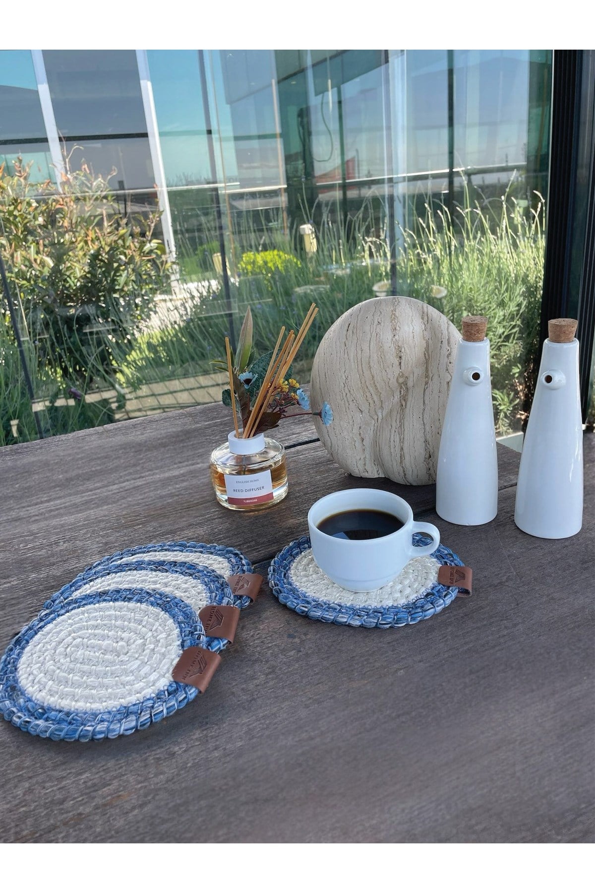 4 Adet Yuvarlak Bardak Altlığı- Leke Tutmaz- Mavi-Beyaz 13x13 cm