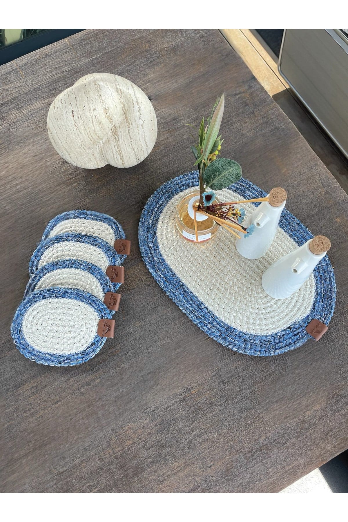 4 Adet Yuvarlak Bardak Altlığı- Leke Tutmaz- Mavi-Beyaz 13x13 cm