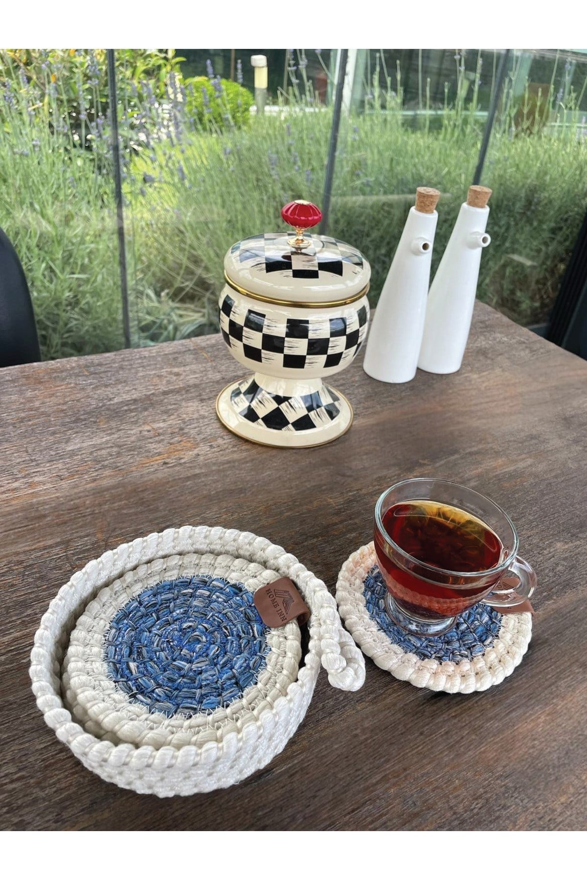 4 Adet Yuvarlak Dekoratif Bardak Altlığı Seti - Yuvarlak , Leke Tutmaz - Beyaz-mavi 13x13 Cm