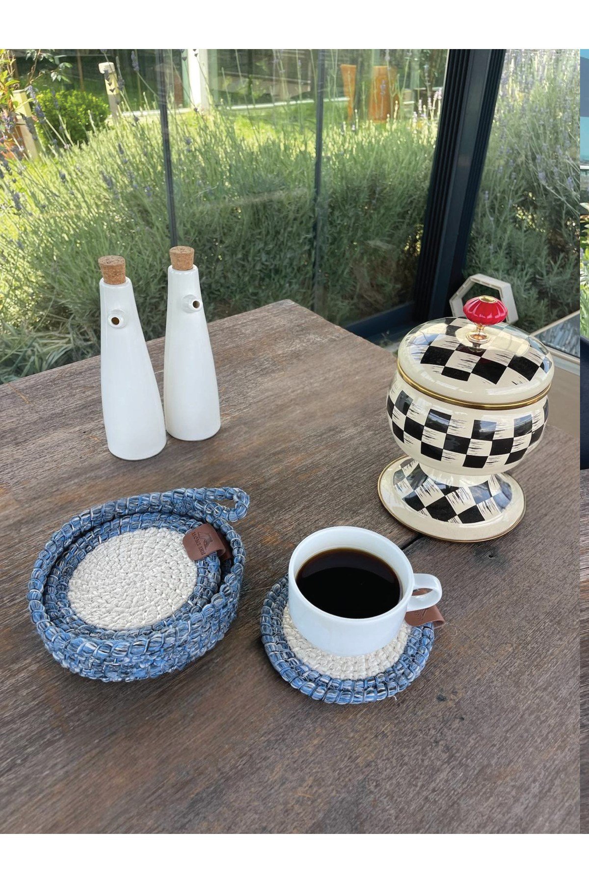 4 Adet Yuvarlak Dekoratif Bardak Altlığı Seti - Yuvarlak , Leke tutmaz- Mavi-Beyaz 13x13 cm